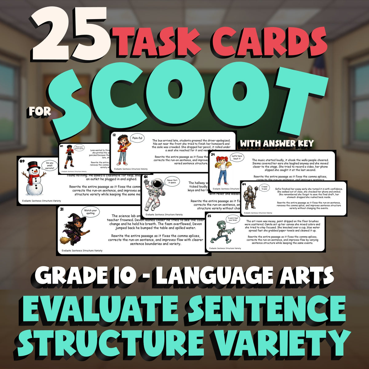 Evaluate Sentence Structure Variety SCOOT TASK CARDS ELA Game - No Prep Grade 10
