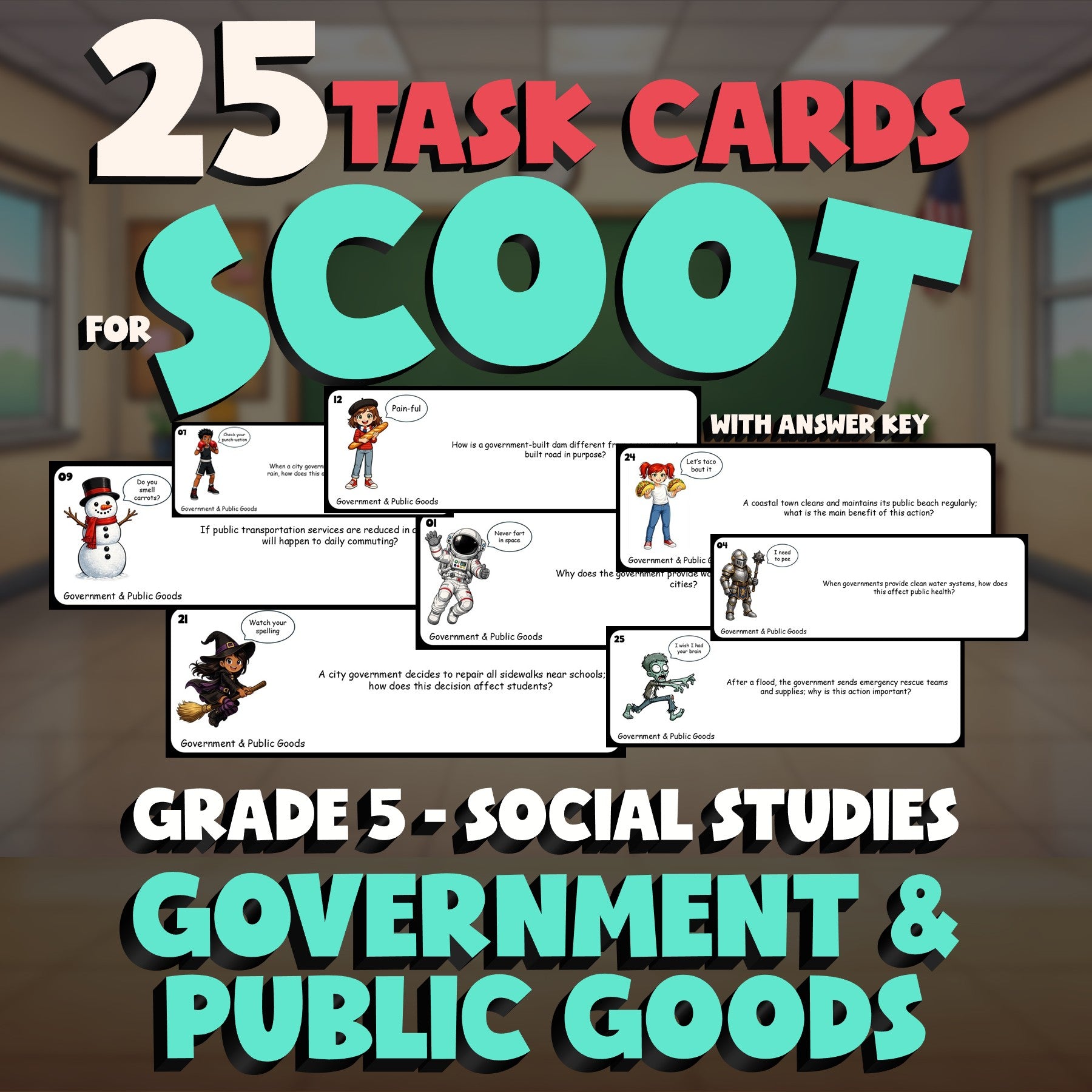 Government & Public Goods SCOOT TASK CARDS Socials Game - No Prep Grade 5 Review