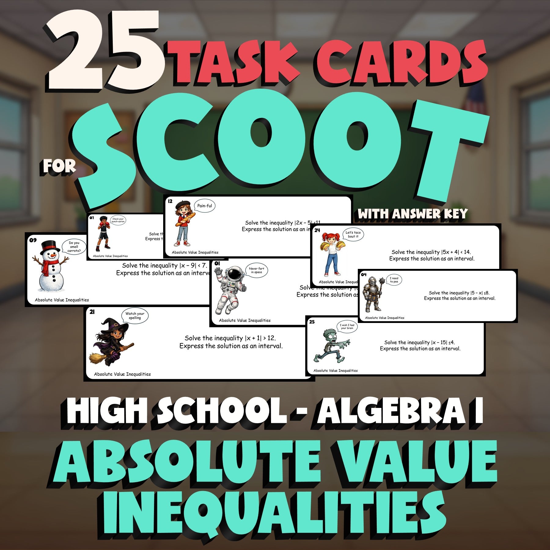 Absolute Value Inequalities SCOOT TASK CARDS Math Game - No Prep Algebra 1