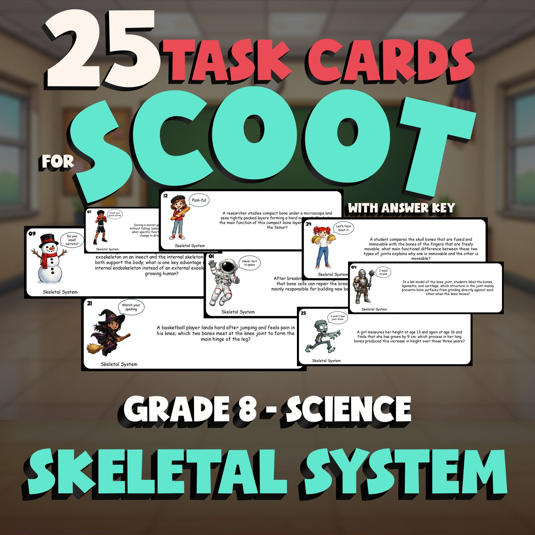 Skeletal System SCOOT TASK CARDS Science Game - No Prep Grade 8 Review Activity