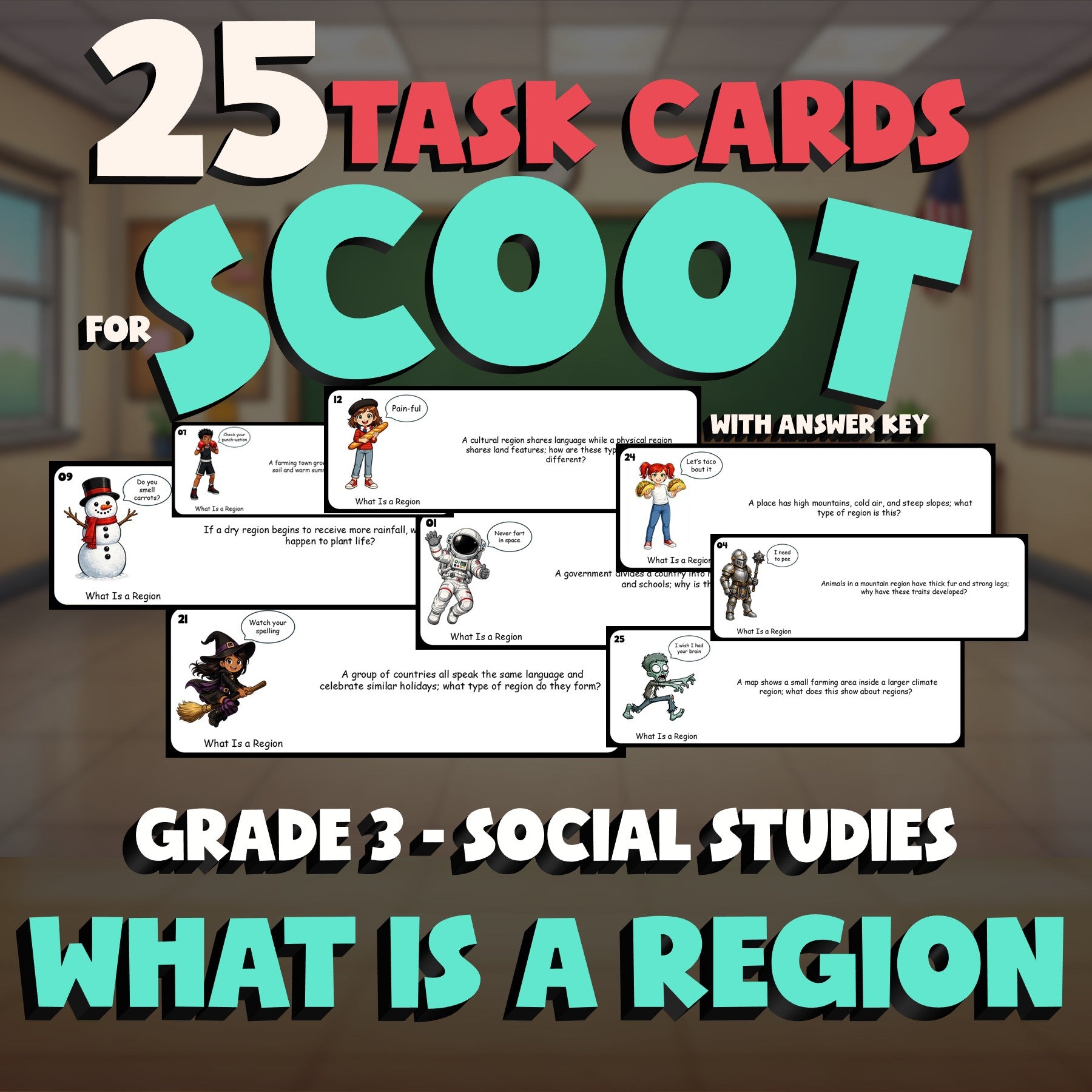 What Is a Region SCOOT TASK CARDS Socials Game - No Prep Grade 3 Review Activity