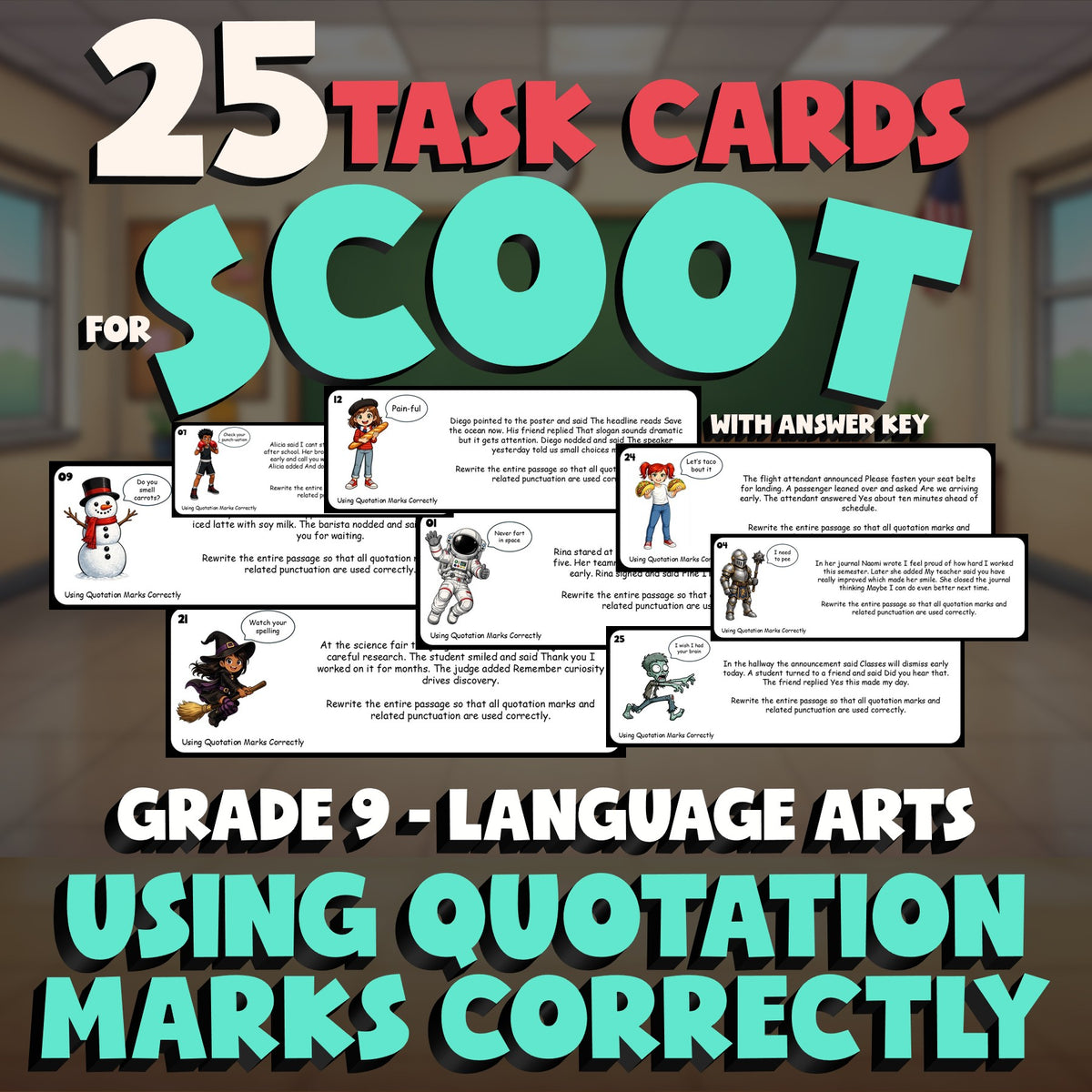 Using Quotation Marks Correctly SCOOT TASK CARDS ELA Game - No Prep Grade 9