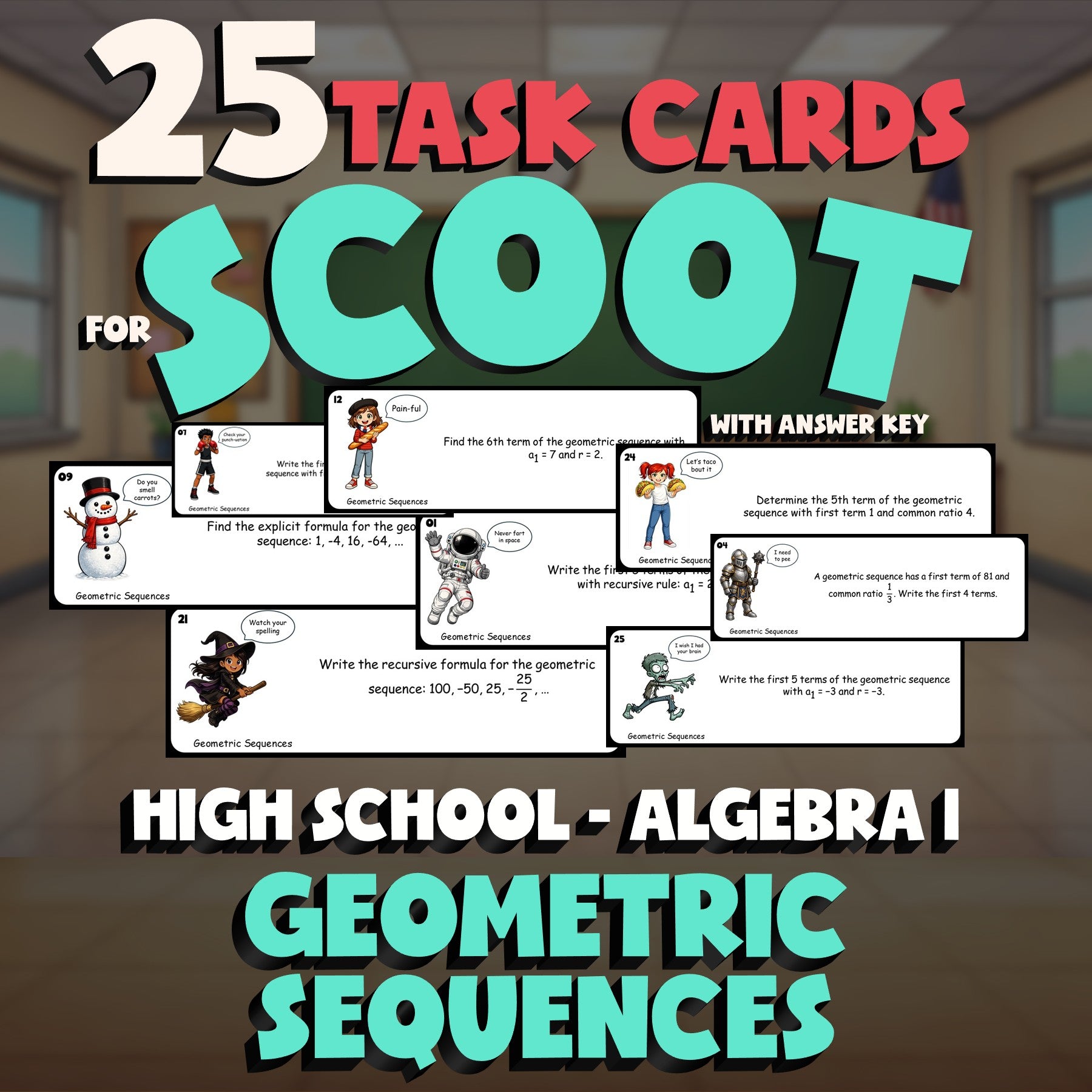 Geometric Sequences SCOOT TASK CARDS Math Game - No Prep Algebra 1 Review