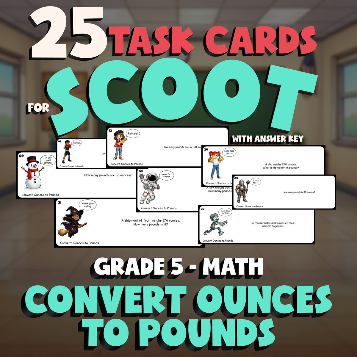 Convert Ounces to Pounds SCOOT TASK CARDS Math Game - No Prep Grade 5 Review