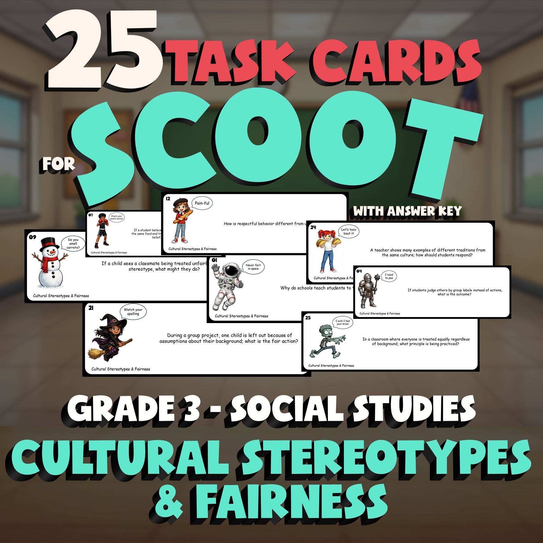 Cultural Stereotypes & Fairness SCOOT TASK CARDS Socials Game - No Prep Grade 3