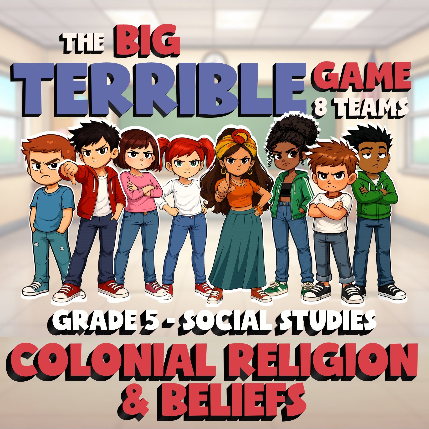 Colonial Religion & Beliefs BIG TERRIBLE GAME - No Prep Grade 5 Socials Review