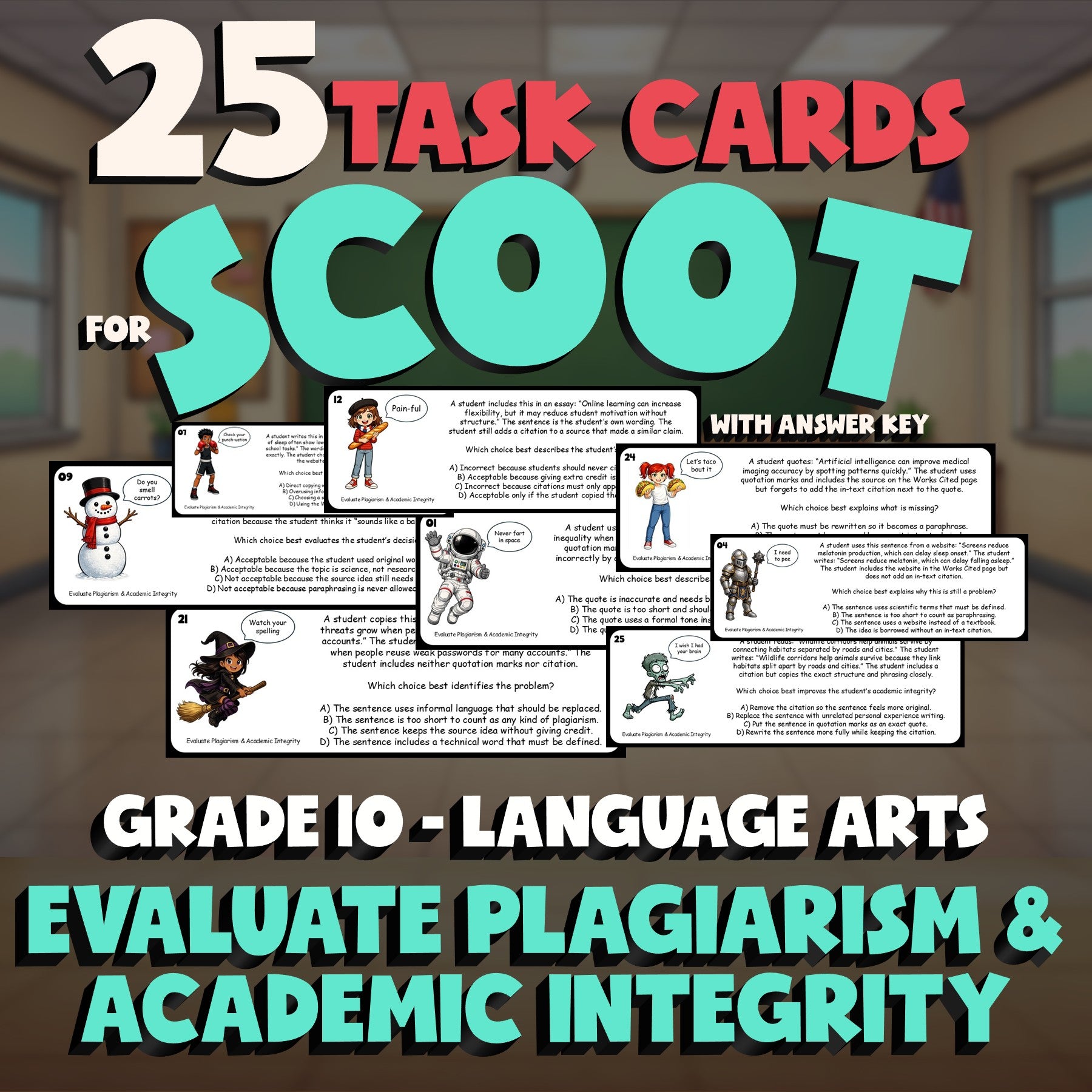 Evaluate Plagiarism & Academic Integrity SCOOT TASK CARDS ELA Game - Grade 10