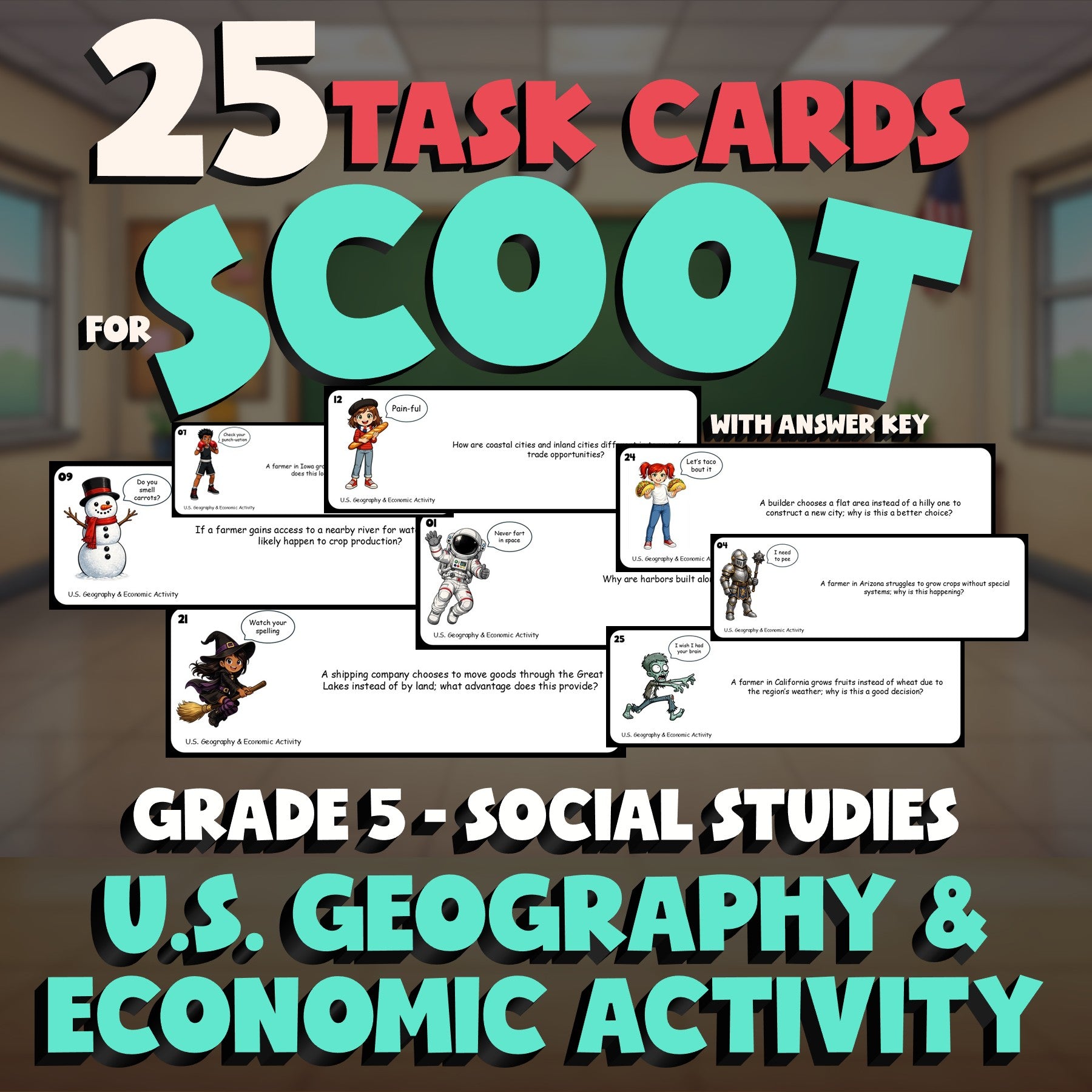 U.S. Geography & Economic Activity SCOOT TASK CARDS Socials Game - Grade 5
