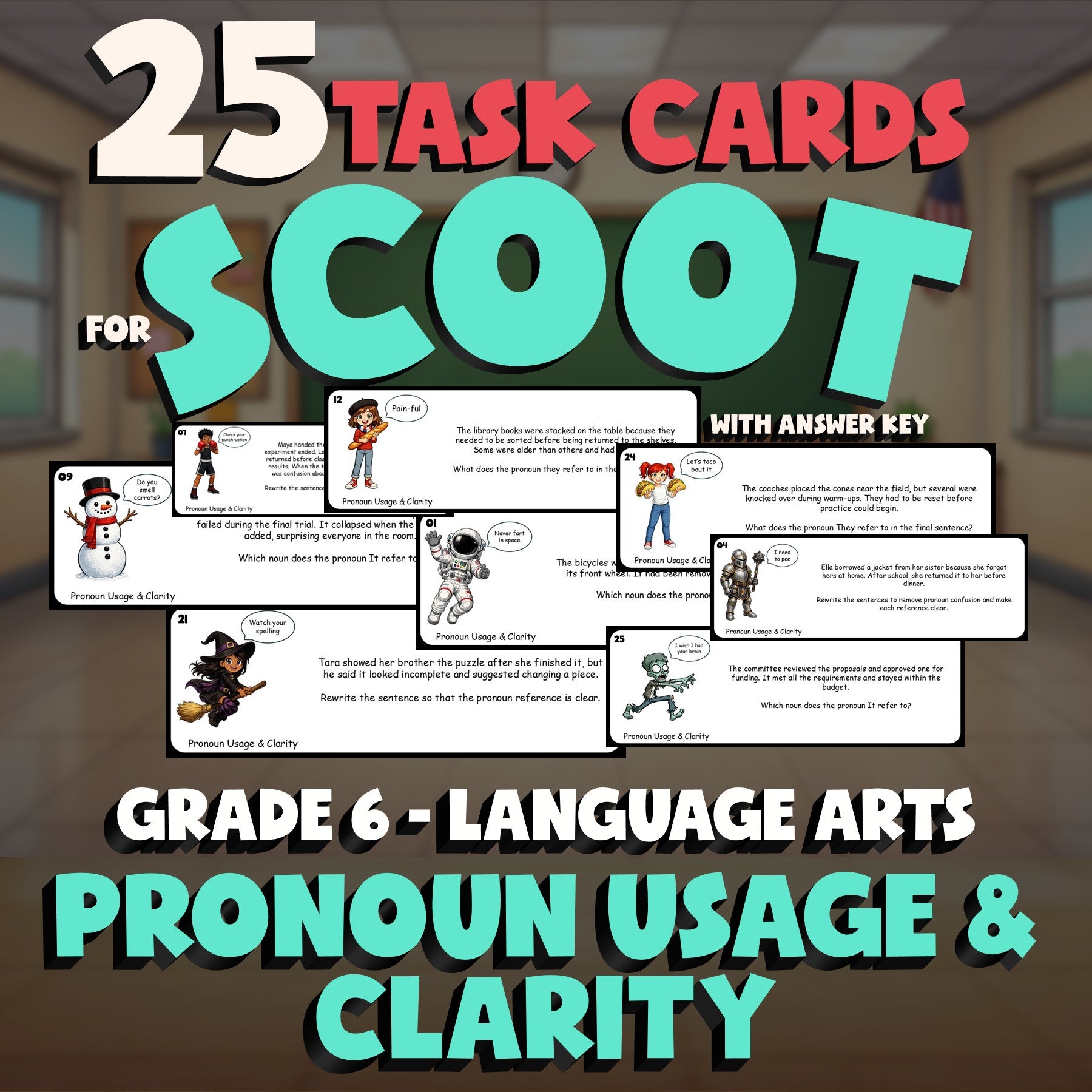 Pronoun Usage & Clarity SCOOT TASK CARDS ELA Game - No Prep Grade 6 Review