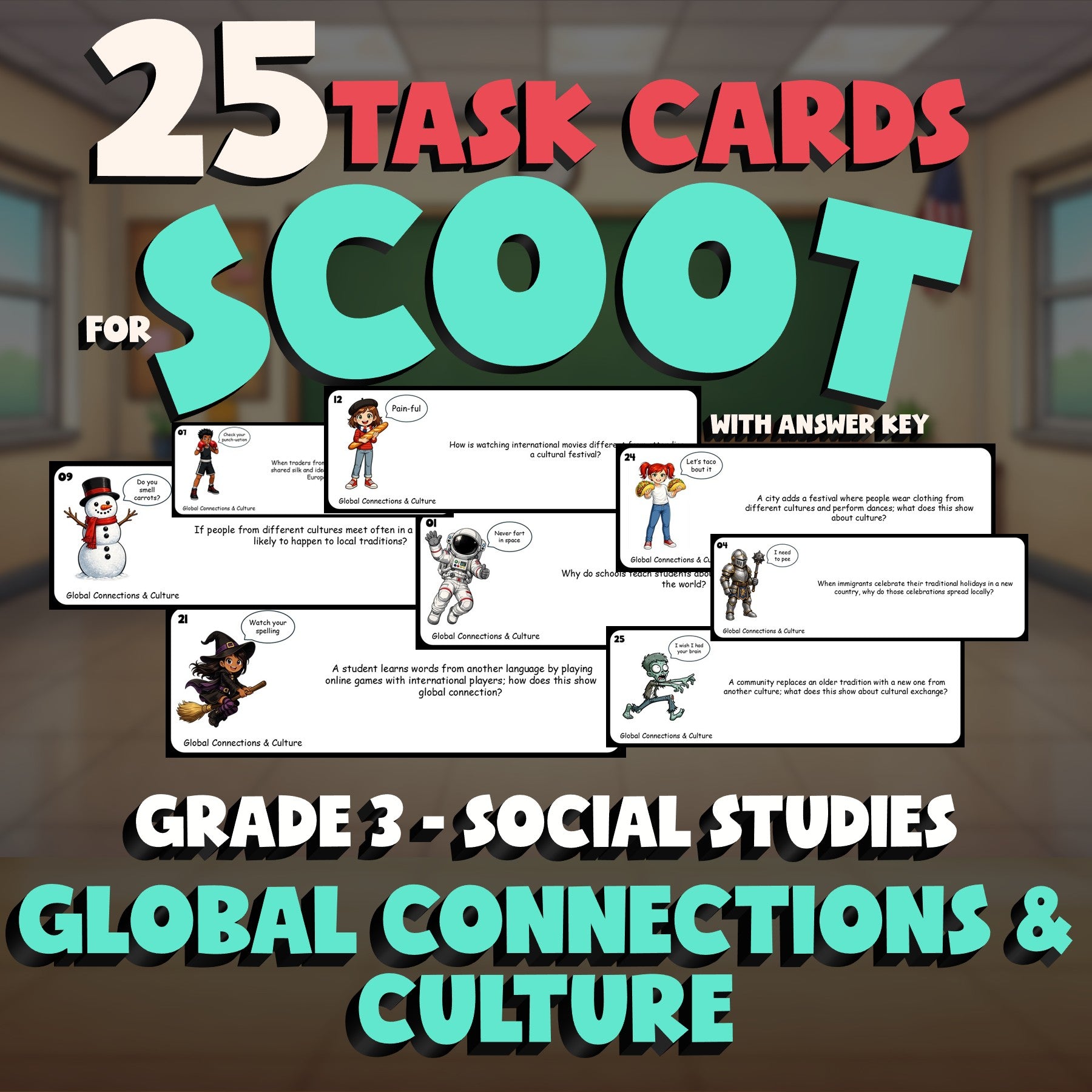 Global Connections & Culture SCOOT TASK CARDS Socials Game - No Prep Grade 3