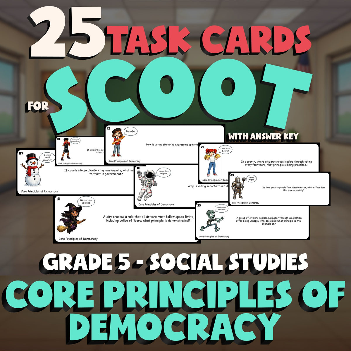 Core Principles of Democracy SCOOT TASK CARDS Socials Game - No Prep Grade 5