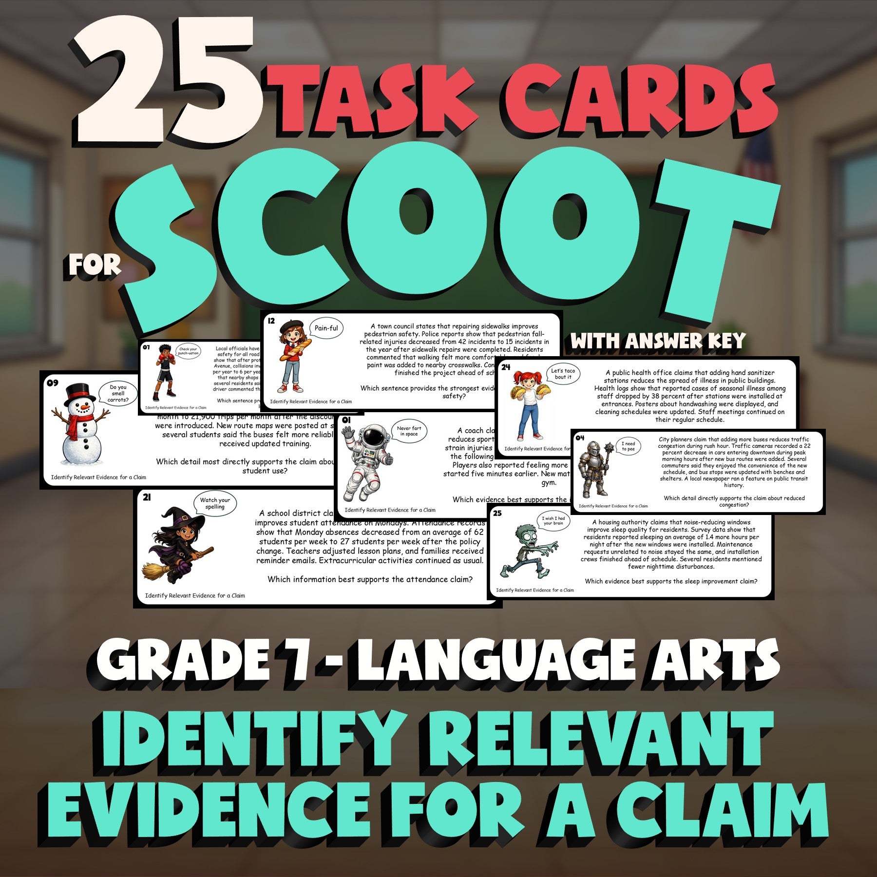 Identify Relevant Evidence for a Claim SCOOT TASK CARDS ELA Game - Grade 7