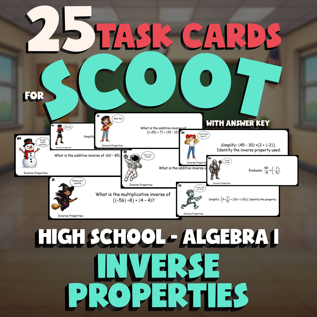 Inverse Properties SCOOT TASK CARDS Math Game - No Prep Algebra 1 Review