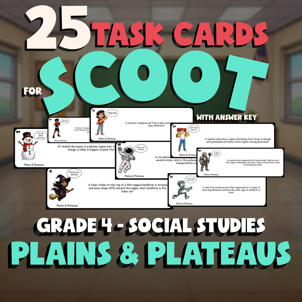 Plains & Plateaus SCOOT TASK CARDS Socials Game - No Prep Grade 4 Review