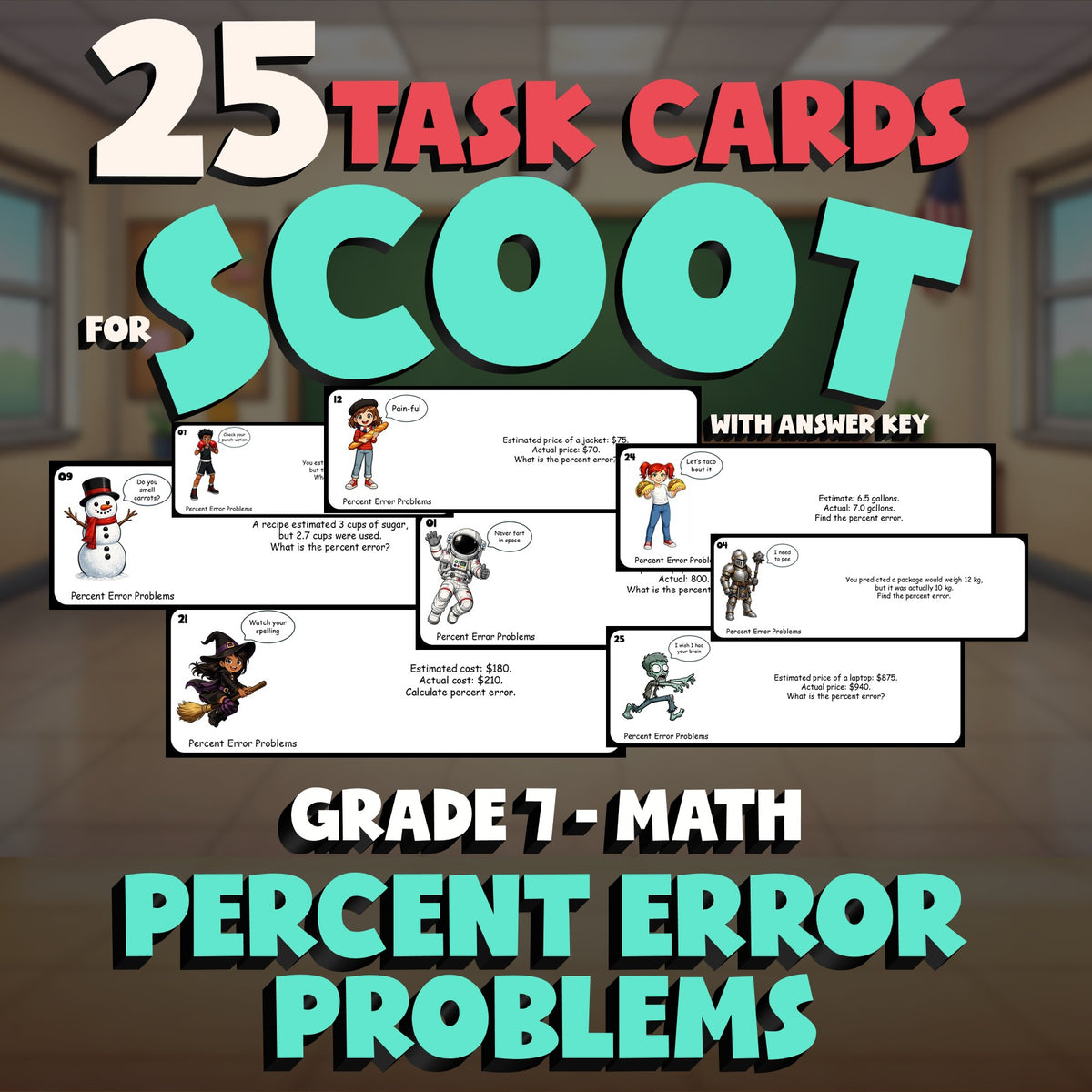 Percent Error Problems SCOOT TASK CARDS Math Game - No Prep Grade 7 Review