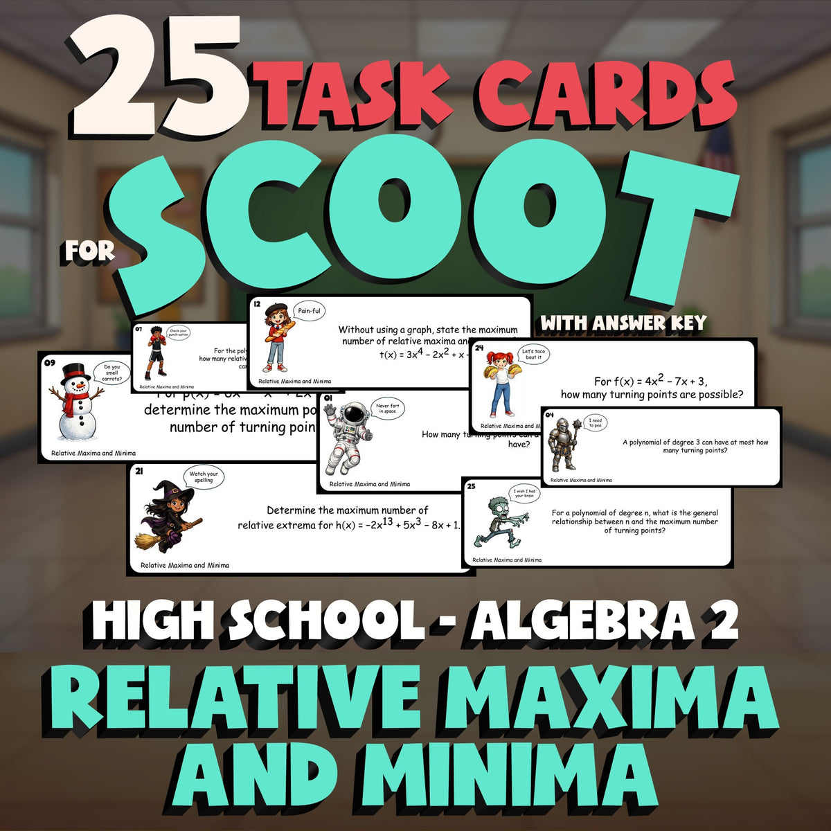 Relative Maxima and Minima SCOOT TASK CARDS Math Game - No Prep Algebra 2 Review
