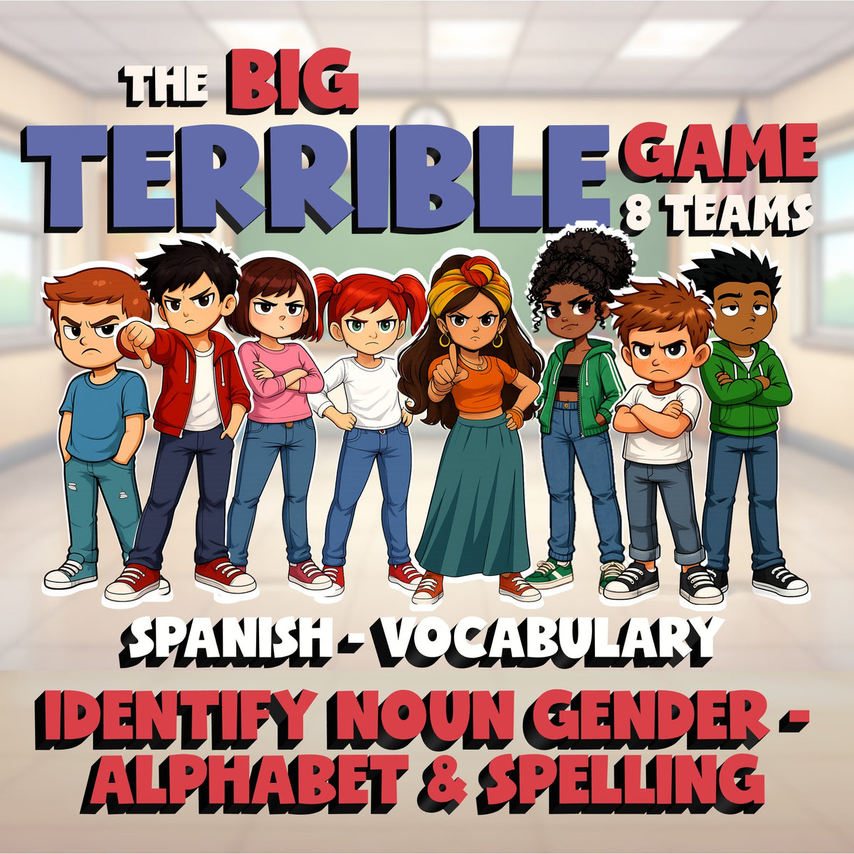 Identify Noun Gender - Alphabet & Spelling BIG TERRIBLE GAME - Spanish Exercise