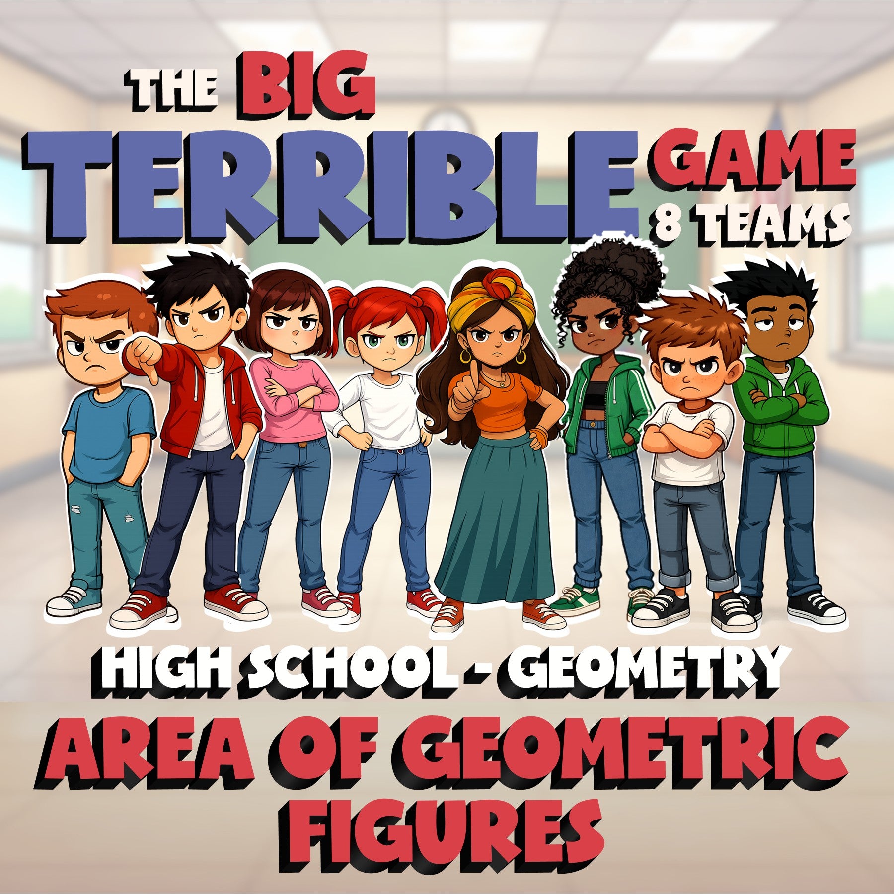 Area of Geometric Figures BIG TERRIBLE GAME - No Prep Geometry Math Review