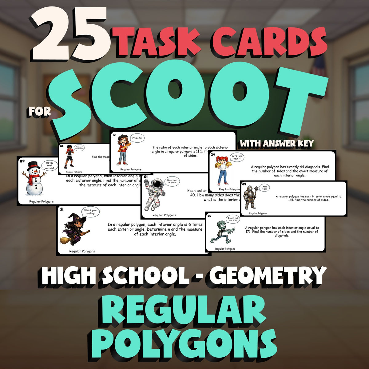 Regular Polygons SCOOT TASK CARDS Math Game - No Prep Geometry Review Activity