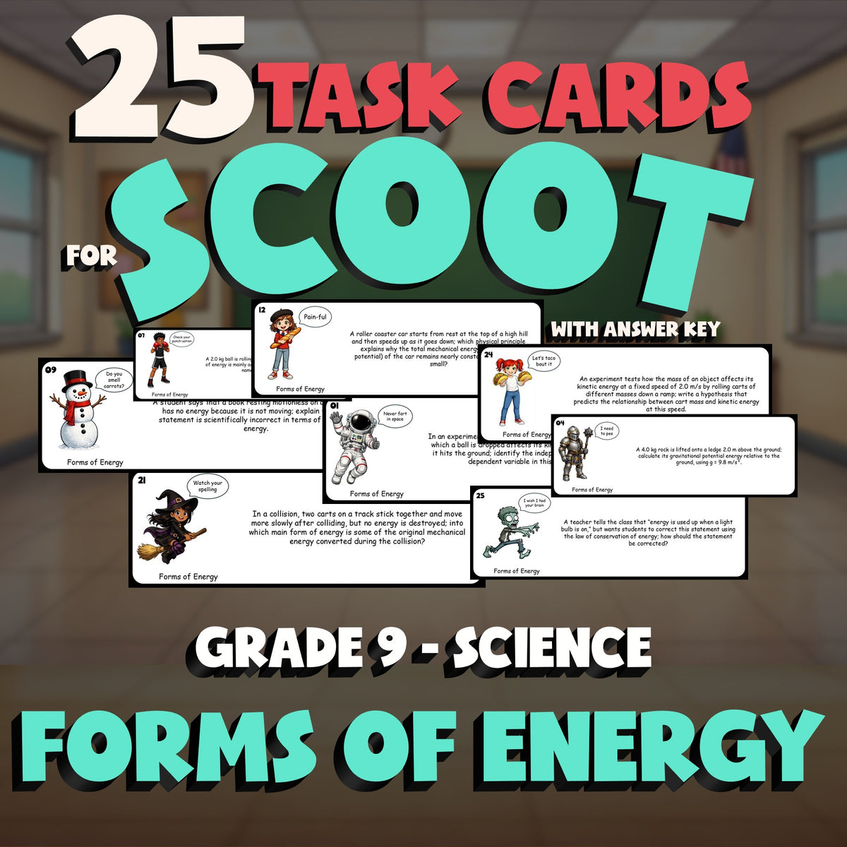Forms of Energy SCOOT TASK CARDS Science Game - No Prep Grade 9 Review Activity