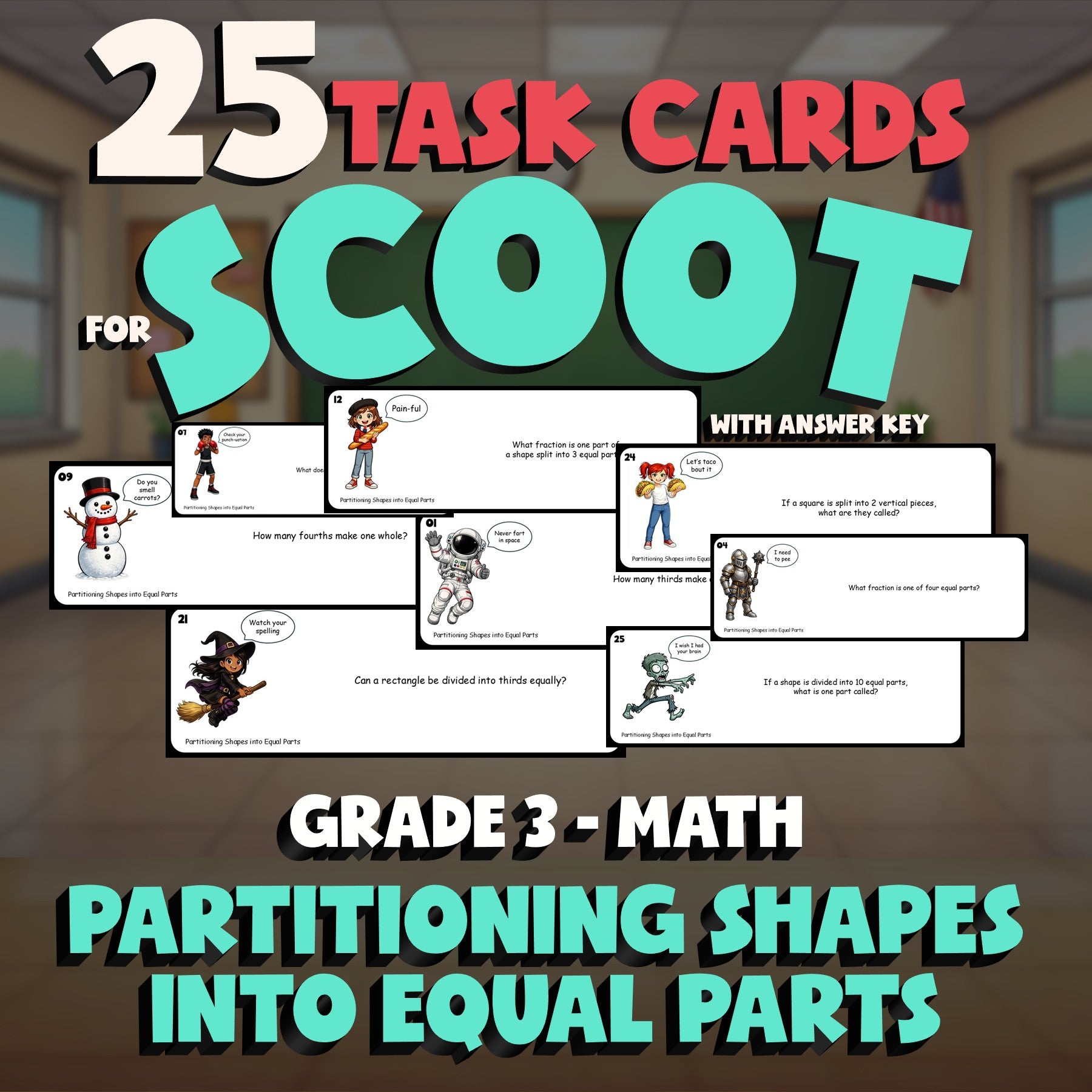 Partitioning Shapes into Equal Parts SCOOT TASK CARDS Math Game - Grade 3