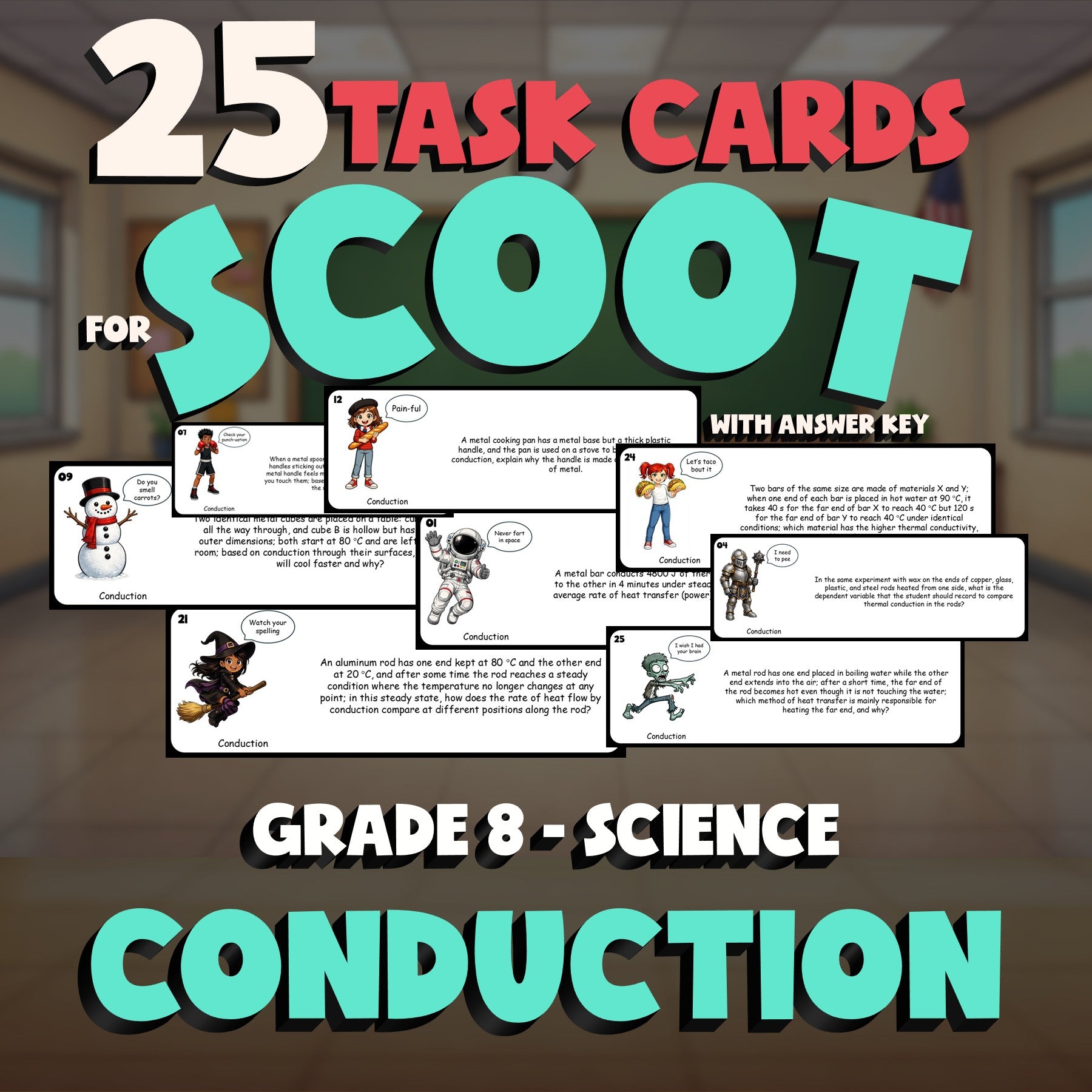 Conduction SCOOT TASK CARDS Science Game - No Prep Grade 8 Review Activity