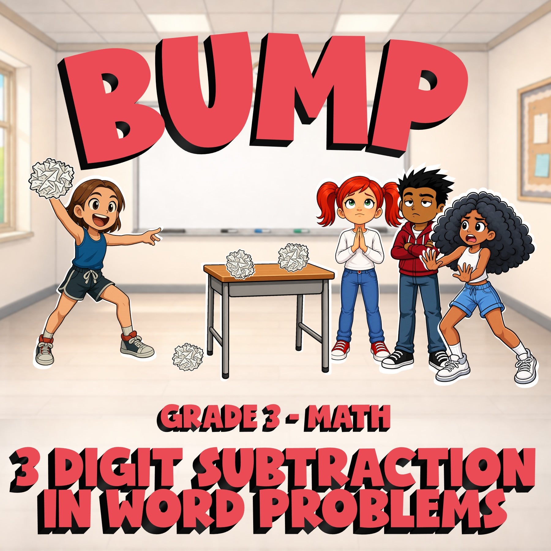 3 Digit Subtraction in Word Problems BUMP Math Game - No Prep Grade 3 Review