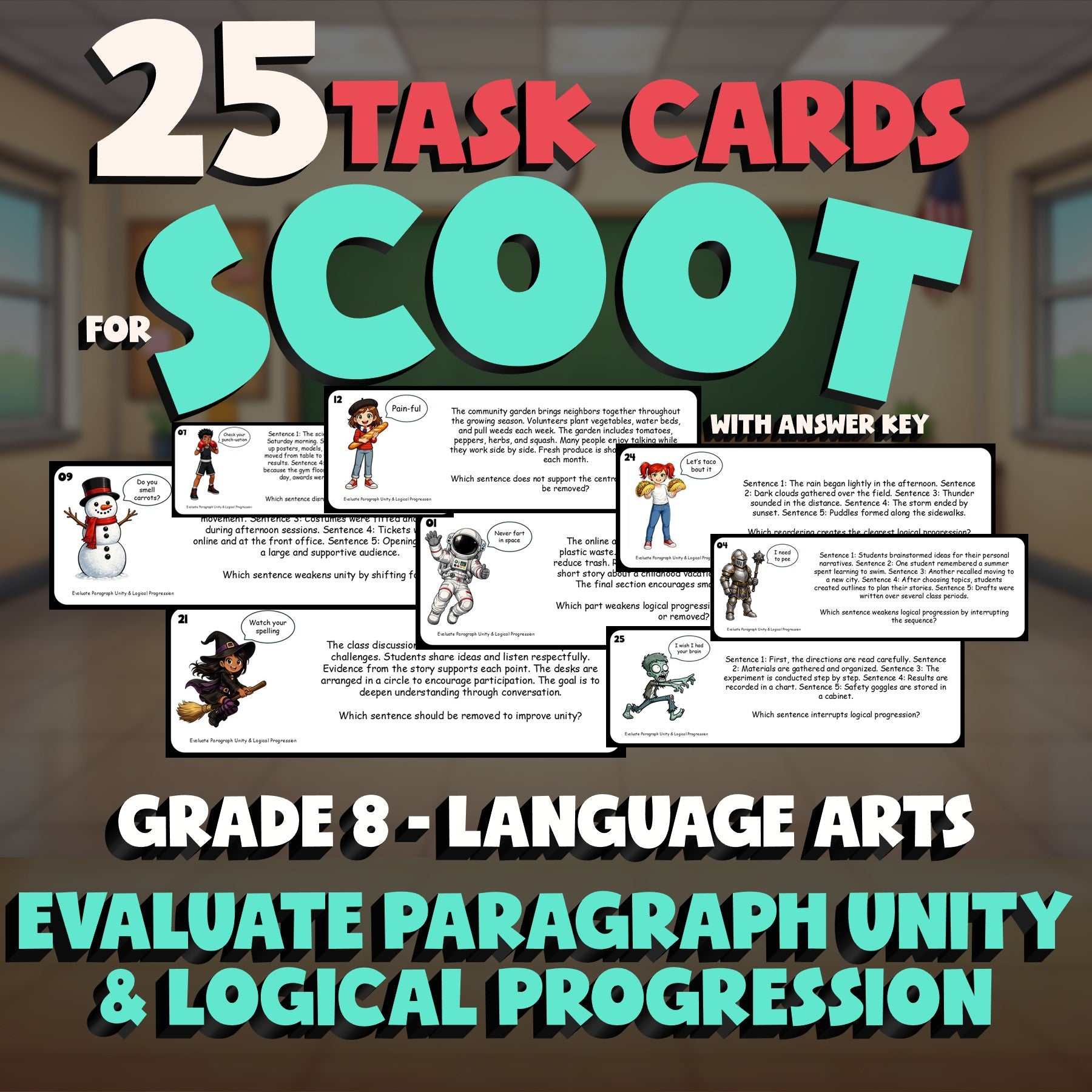 Evaluate Paragraph Unity & Logical Progression SCOOT TASK CARDS ELA Game Grade 8