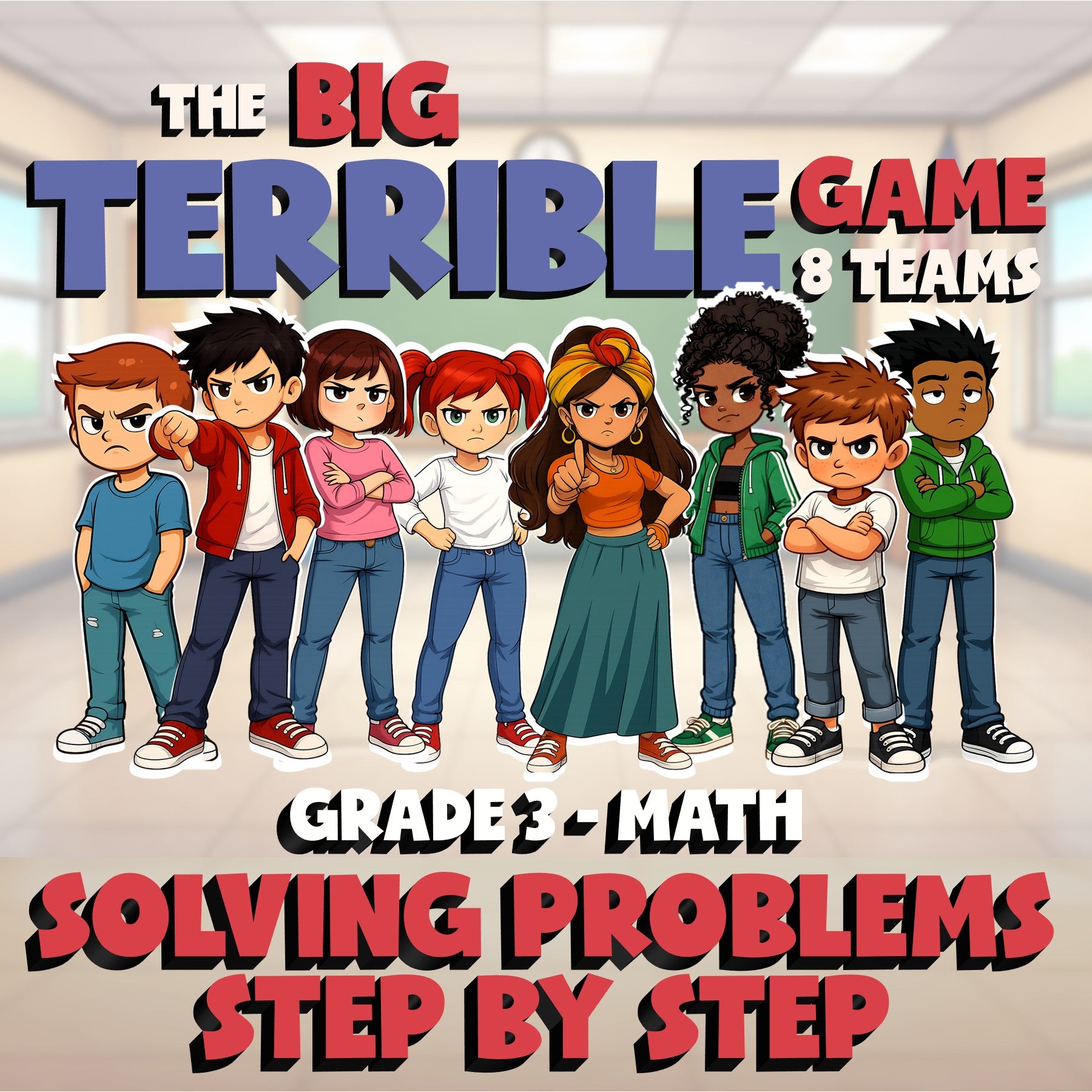 Solving Problems Step by Step BIG TERRIBLE GAME - No Prep Grade 3 Math Review