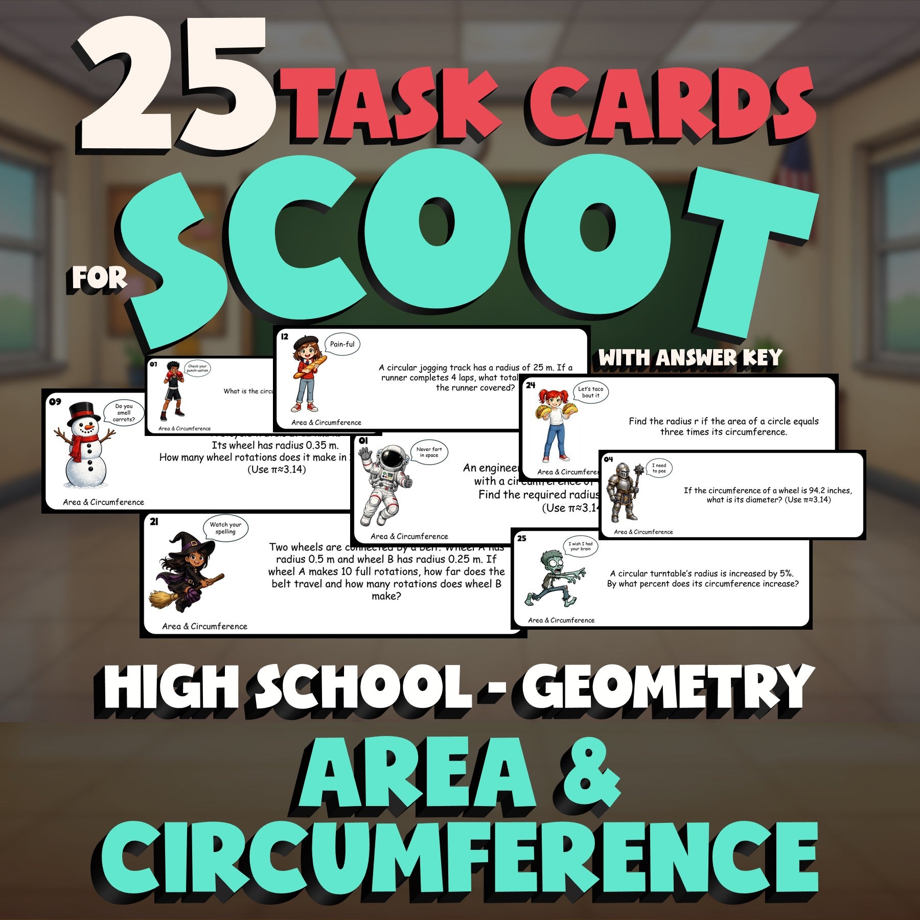 Area & Circumference SCOOT TASK CARDS Math Game - No Prep Geometry Review