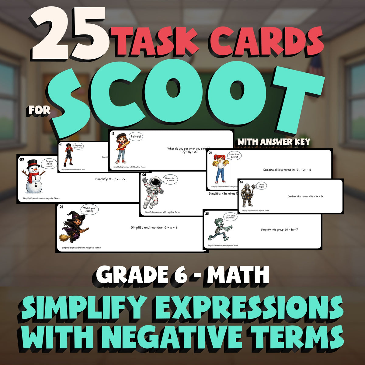 Simplify Expressions with Negative Terms SCOOT TASK CARDS Math Game - Grade 6