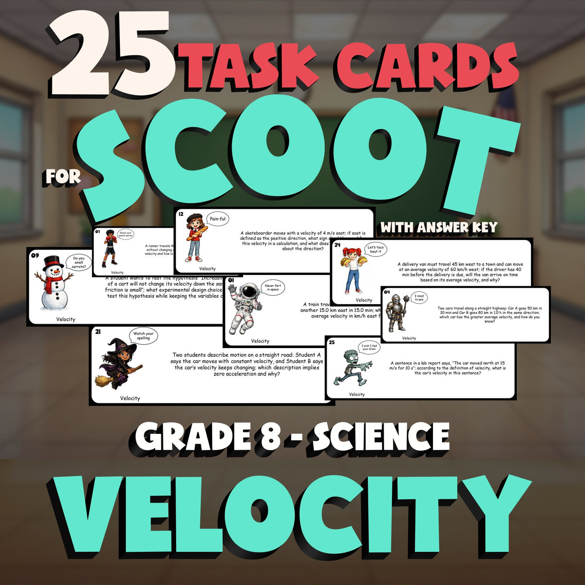 Velocity SCOOT TASK CARDS Science Game - No Prep Grade 8 Review Activity