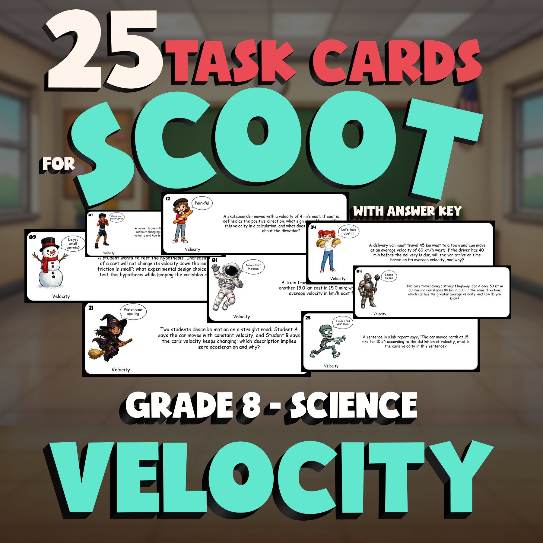 Velocity SCOOT TASK CARDS Science Game - No Prep Grade 8 Review Activity