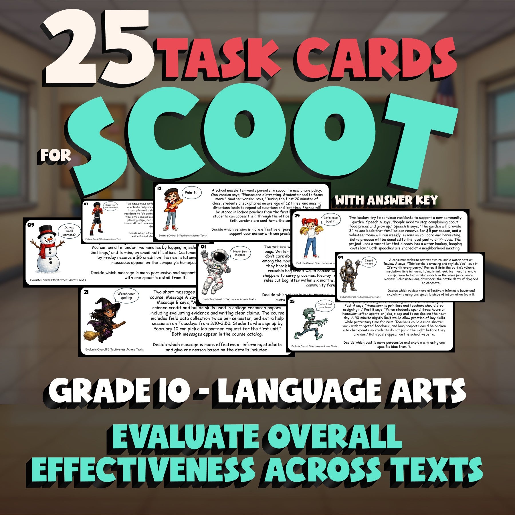 Evaluate Overall Effectiveness Across Texts SCOOT TASK CARDS ELA Game - Grade 10