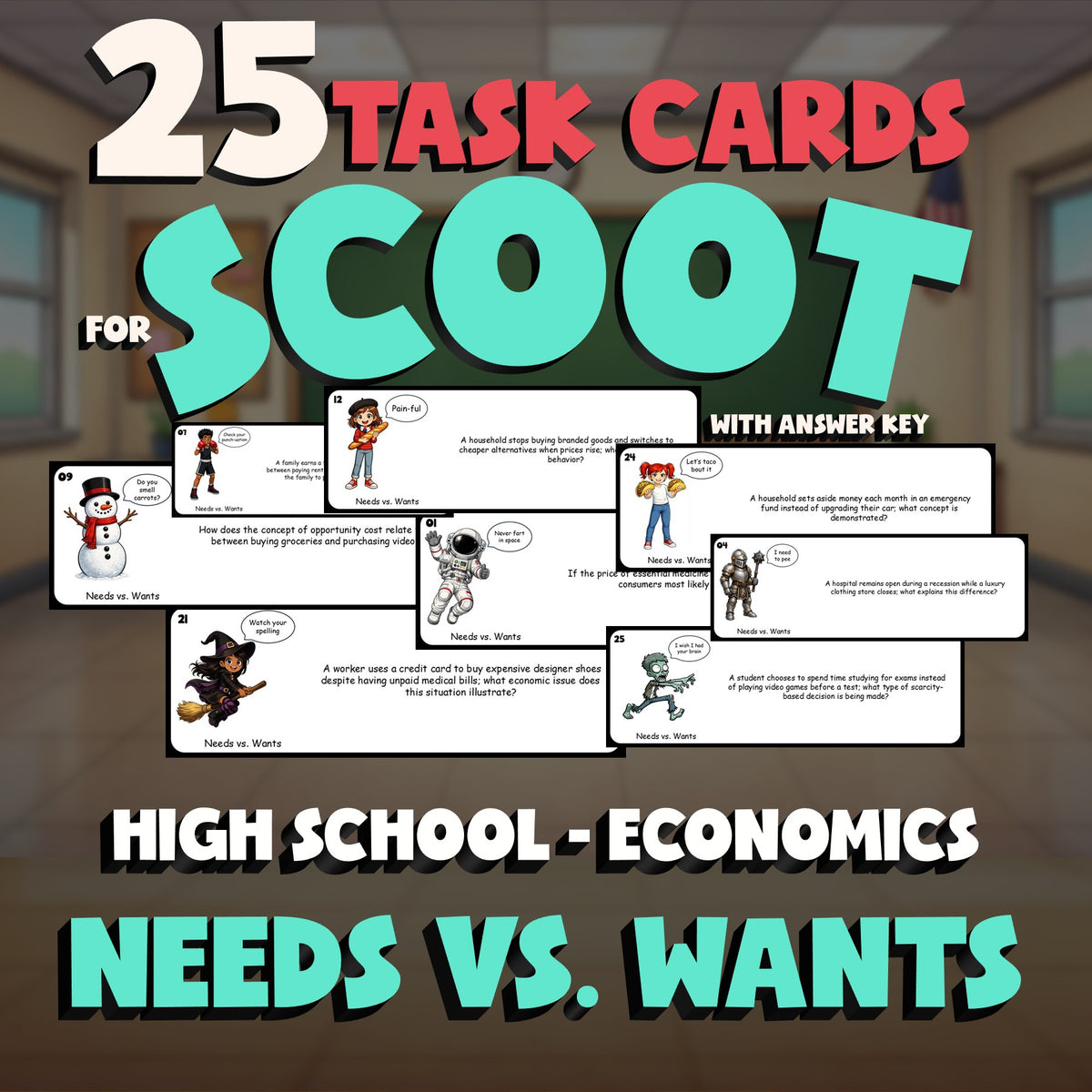 Needs vs. Wants SCOOT TASK CARDS Economics Game - No Prep Review Activity