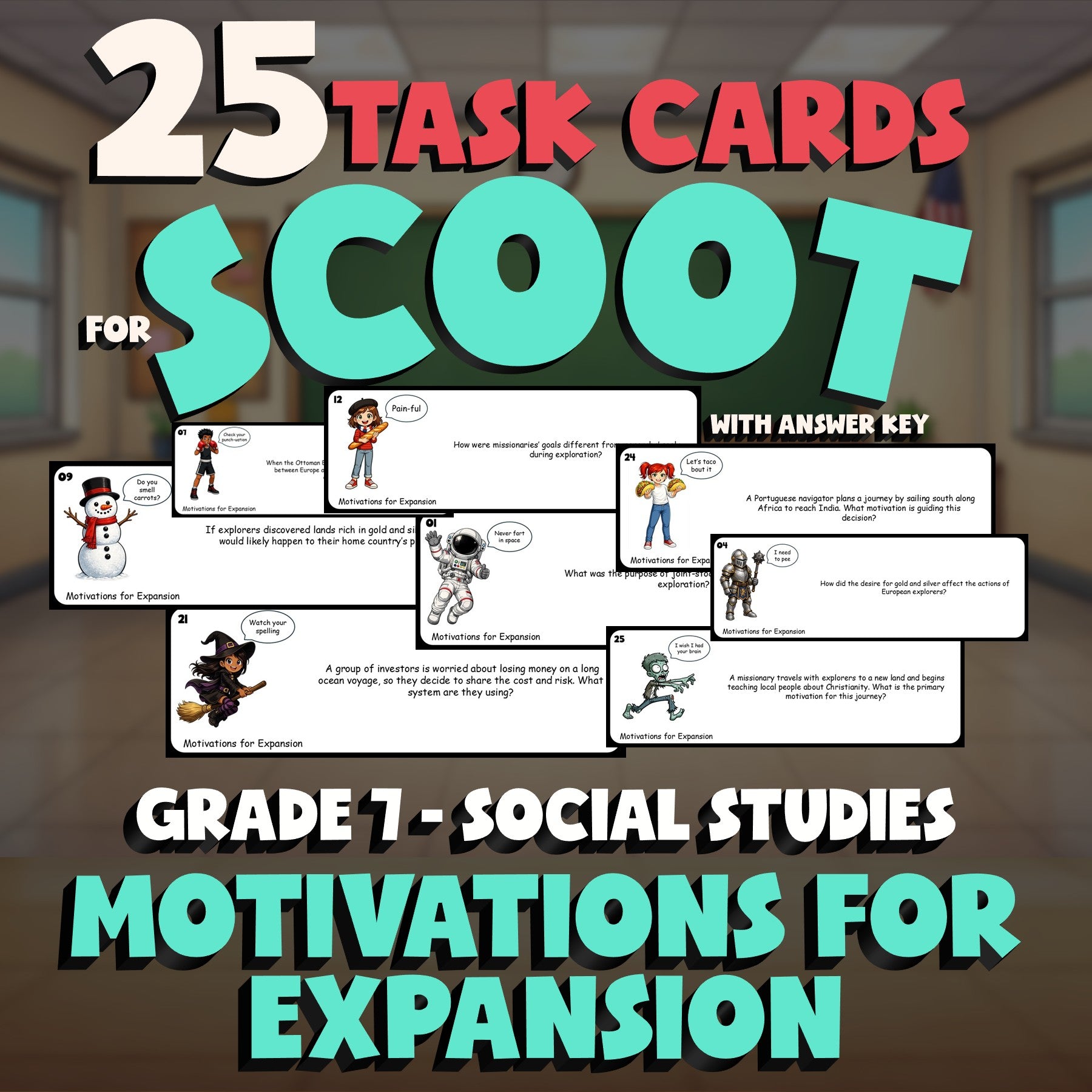 Motivations for Expansion SCOOT TASK CARDS Socials Game - No Prep Grade 7 Review