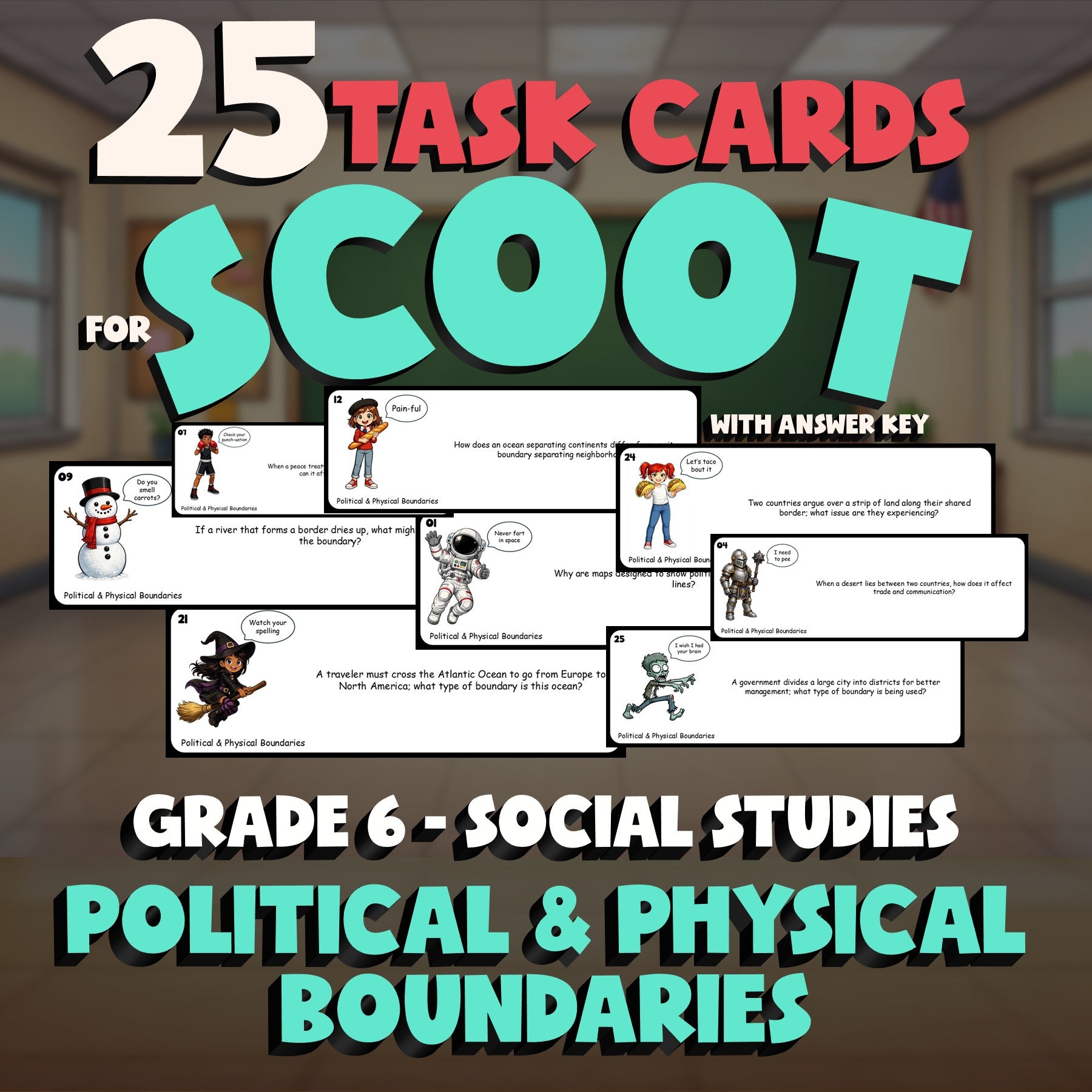 Political & Physical Boundaries SCOOT TASK CARDS Socials Game - No Prep Grade 6