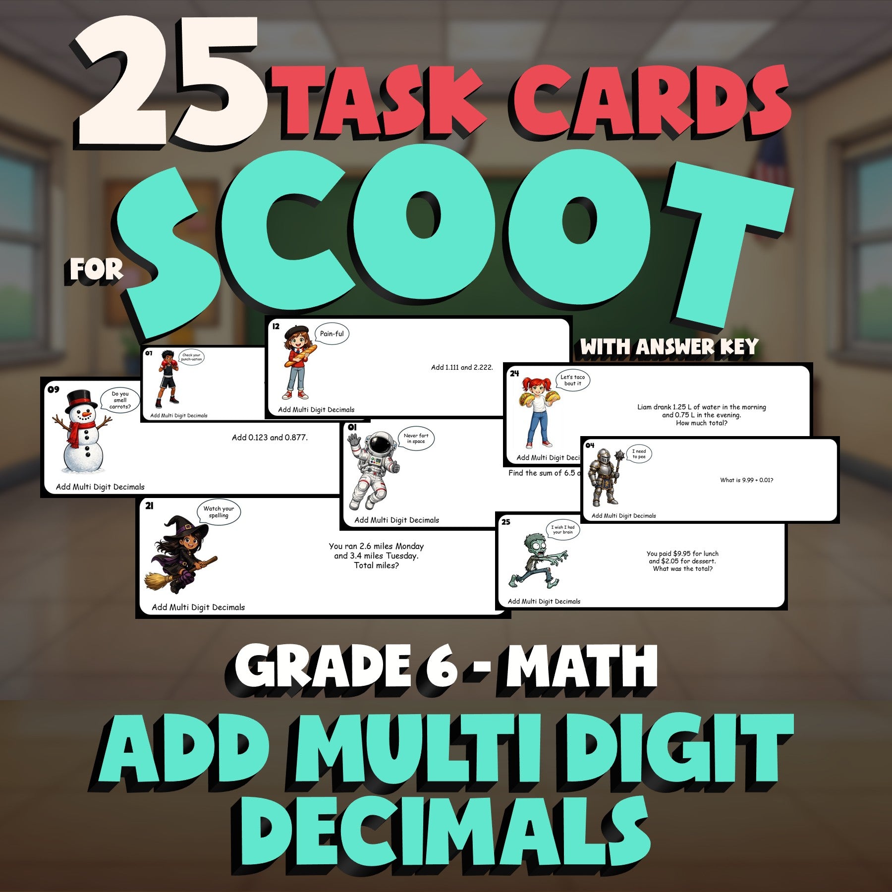 Add Multi Digit Decimals SCOOT TASK CARDS Math Game - No Prep Grade 6 Review