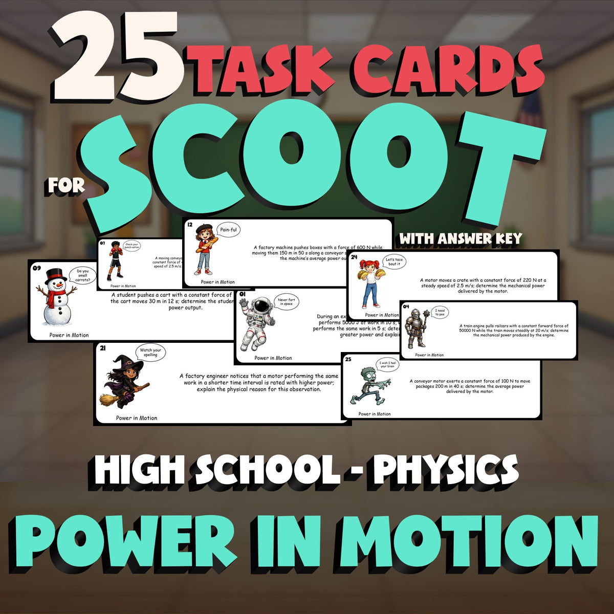 Power in Motion SCOOT TASK CARDS Science Game - No Prep Physics Review Activity
