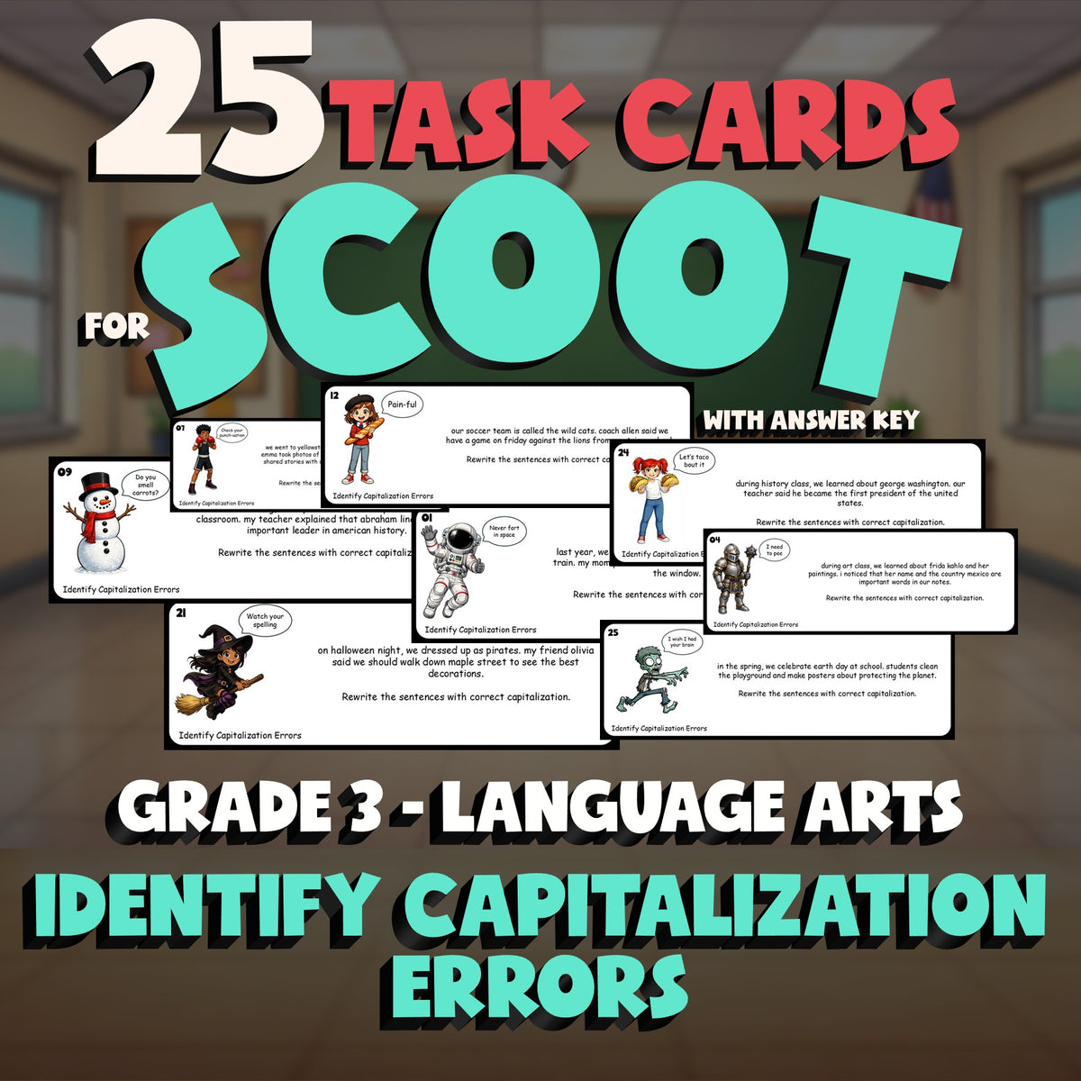 Identify Capitalization Errors SCOOT TASK CARDS ELA Game - No Prep Grade 3