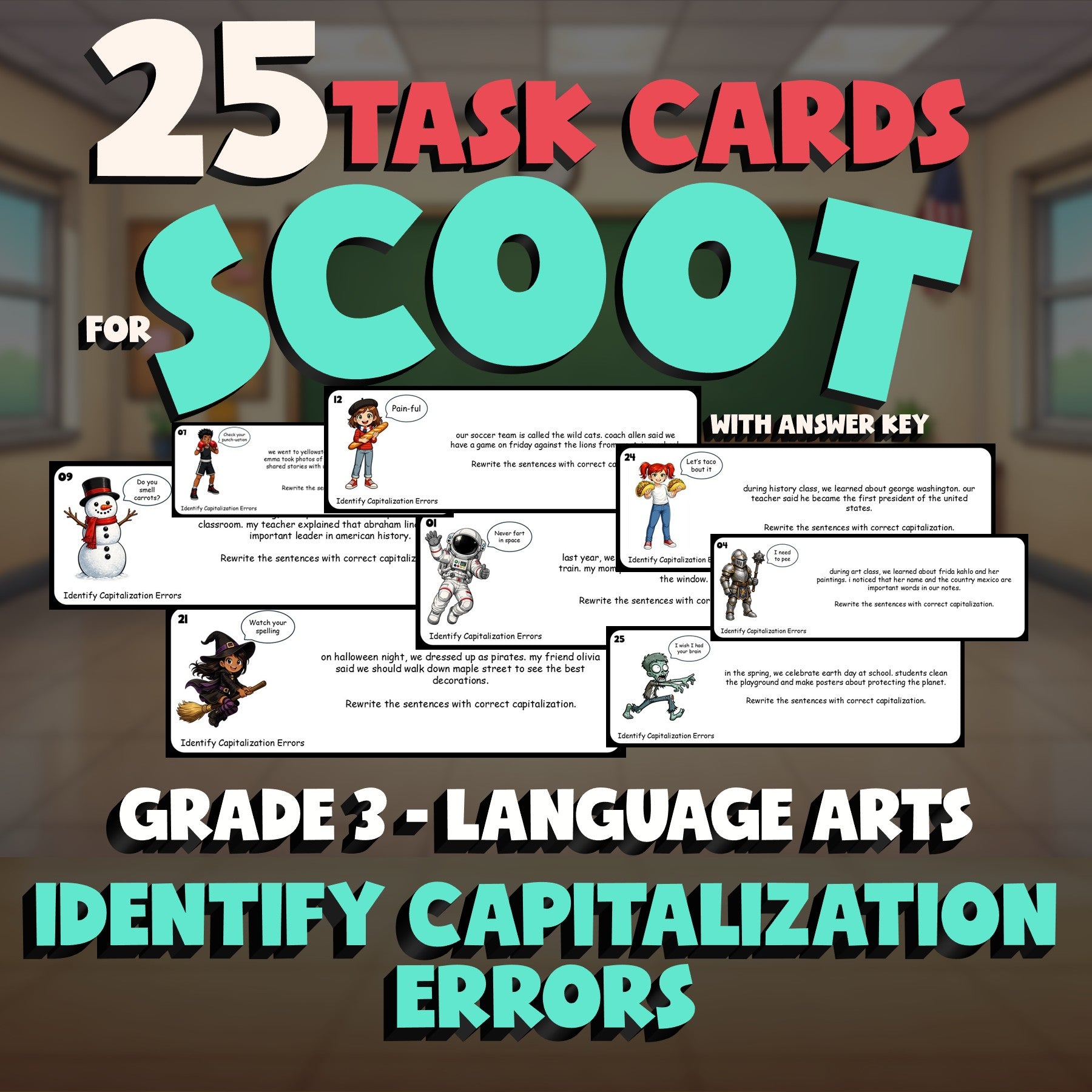 Identify Capitalization Errors SCOOT TASK CARDS ELA Game - No Prep Grade 3