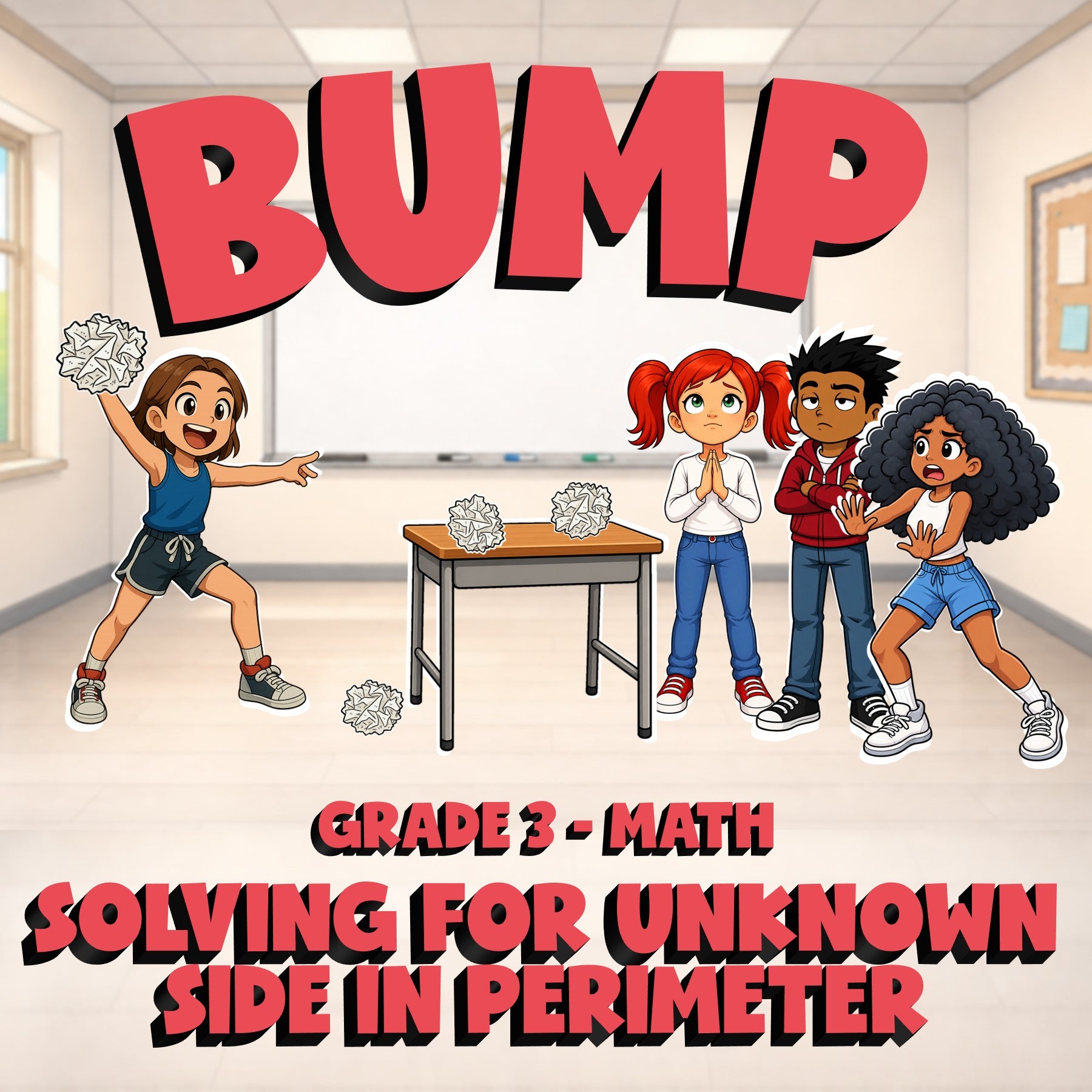 Solving for Unknown Side in Perimeter BUMP Math Game - No Prep Grade 3 Review