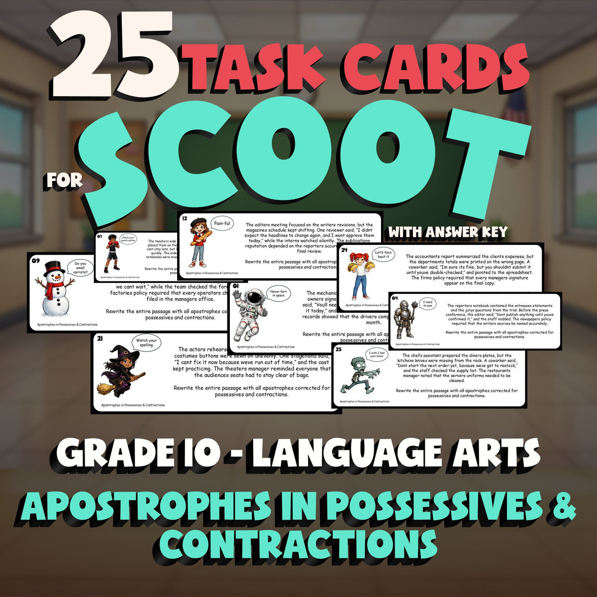 Apostrophes in Possessives & Contractions SCOOT TASK CARDS ELA Game - Grade 10