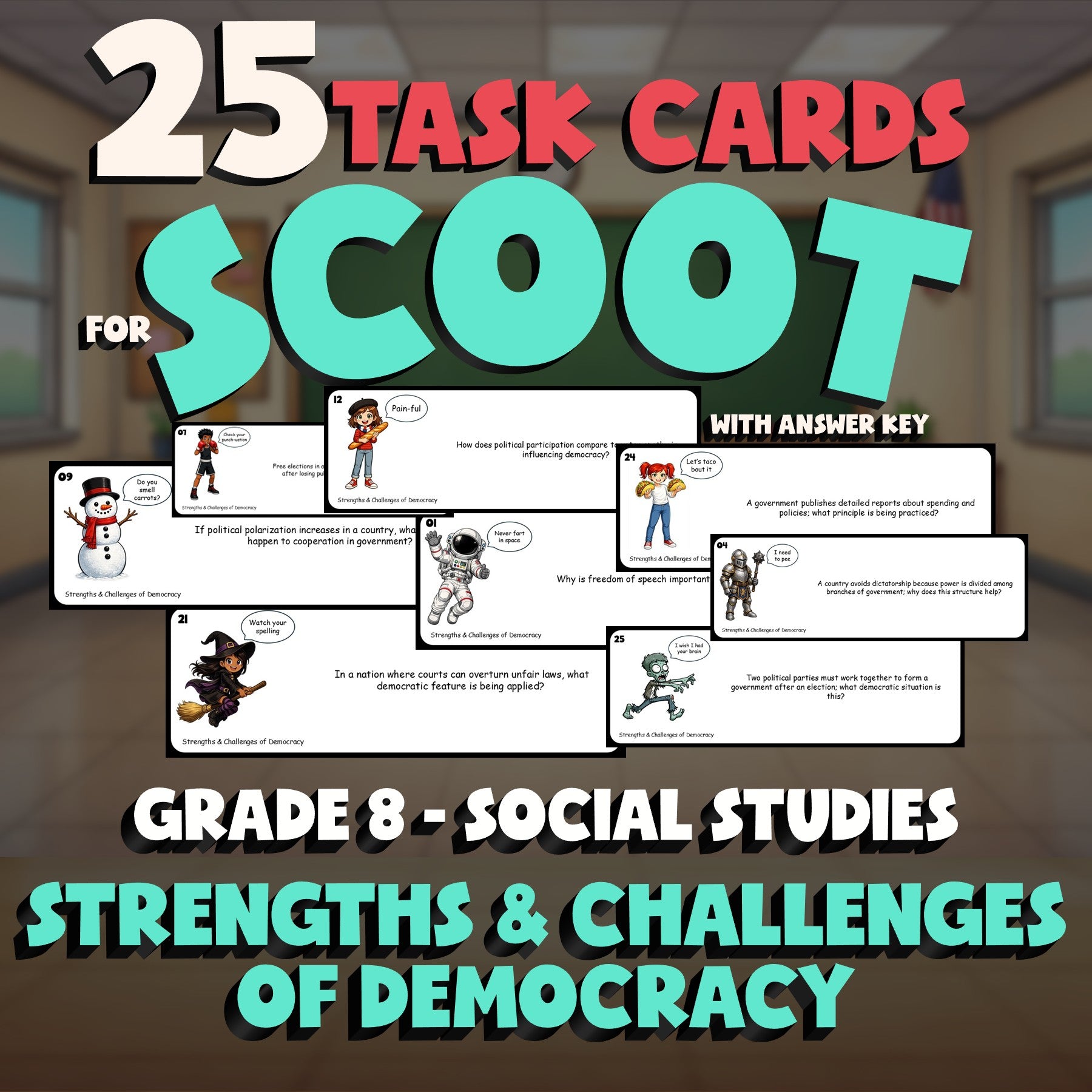 Strengths & Challenges of Democracy SCOOT TASK CARDS Socials Game - Grade 8