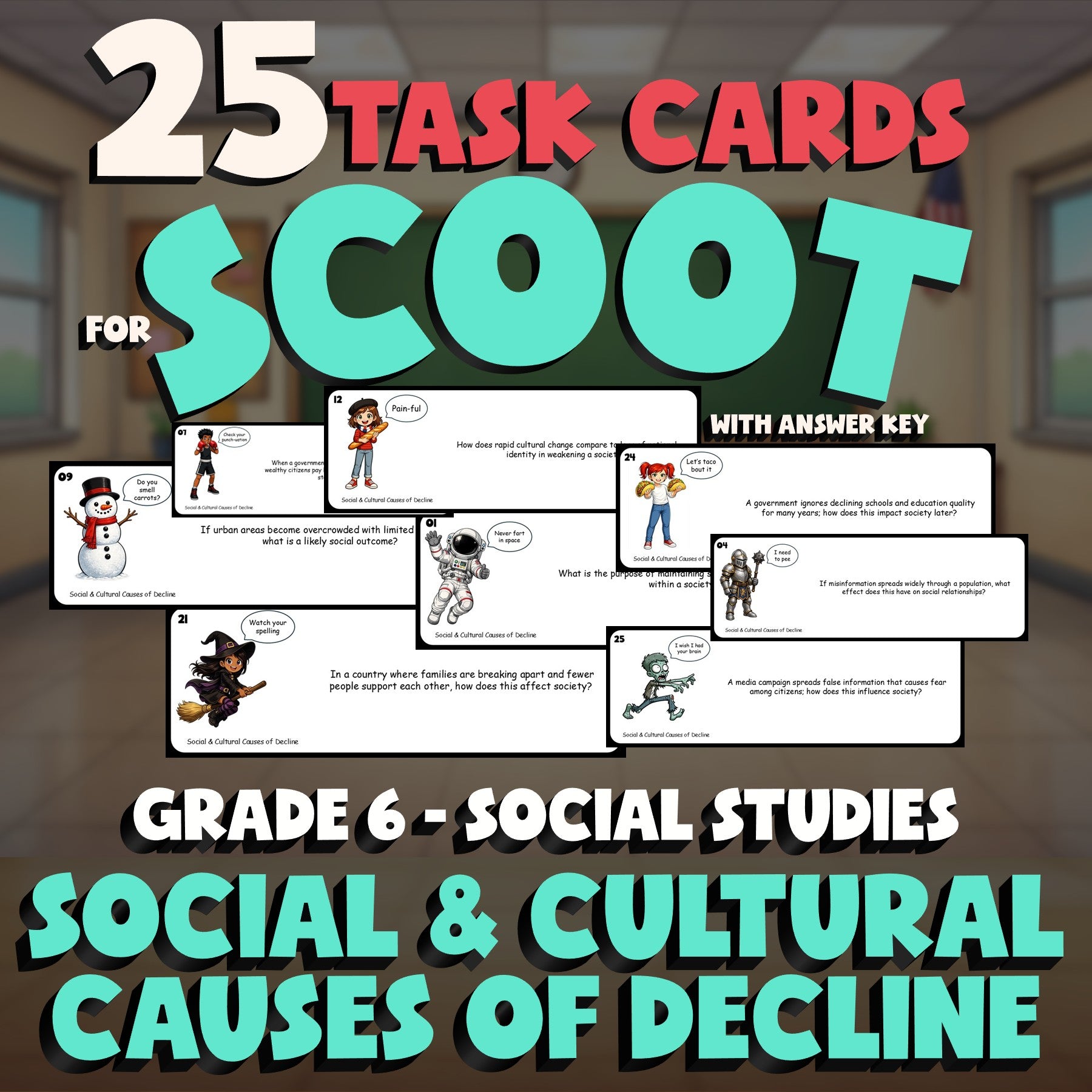 Social & Cultural Causes of Decline SCOOT TASK CARDS Socials Game - Grade 6