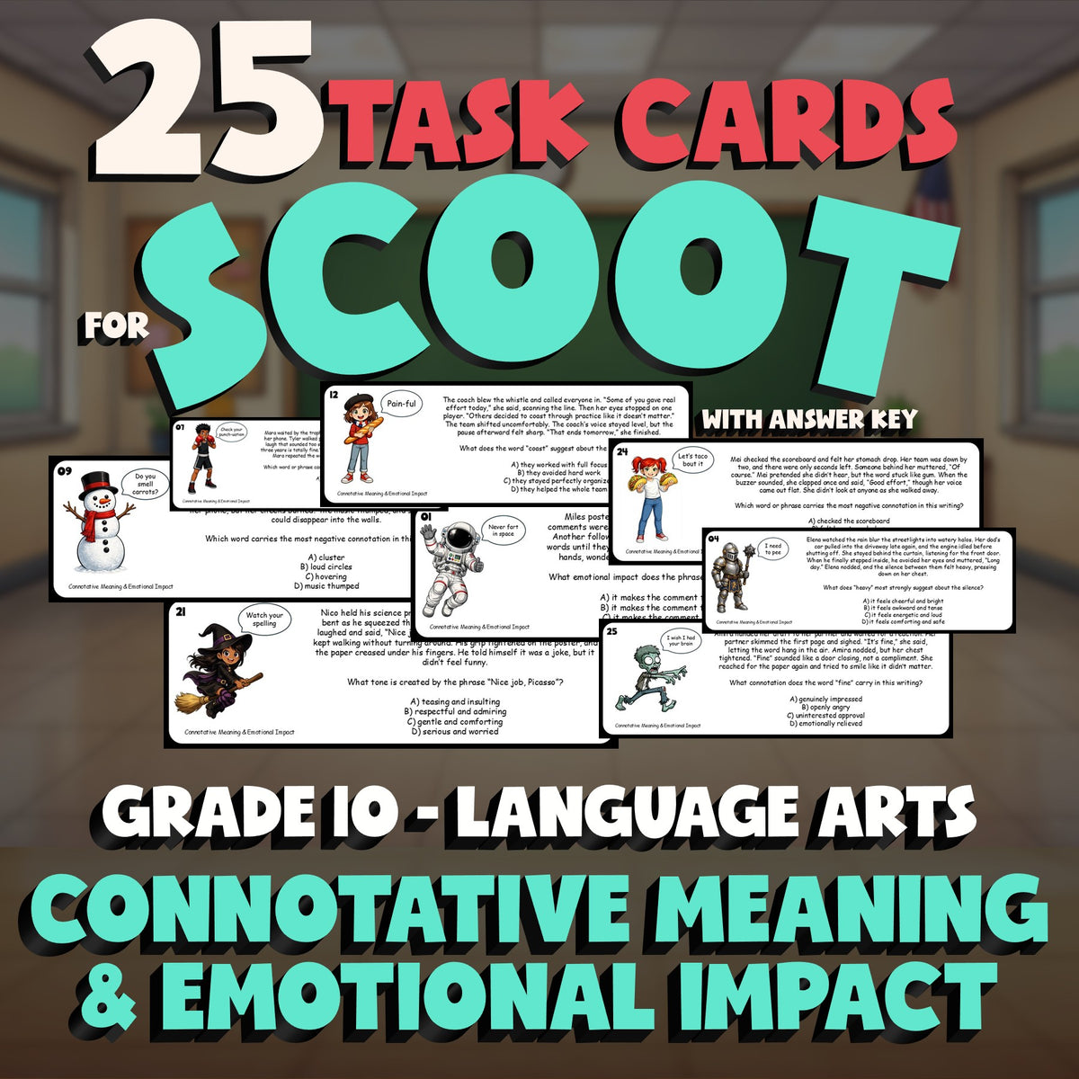 Connotative Meaning & Emotional Impact SCOOT TASK CARDS ELA Game - Grade 10