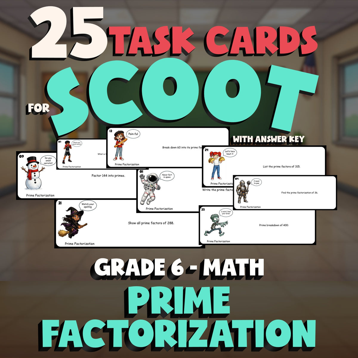 Prime Factorization SCOOT TASK CARDS Math Game - No Prep Grade 6 Review Activity
