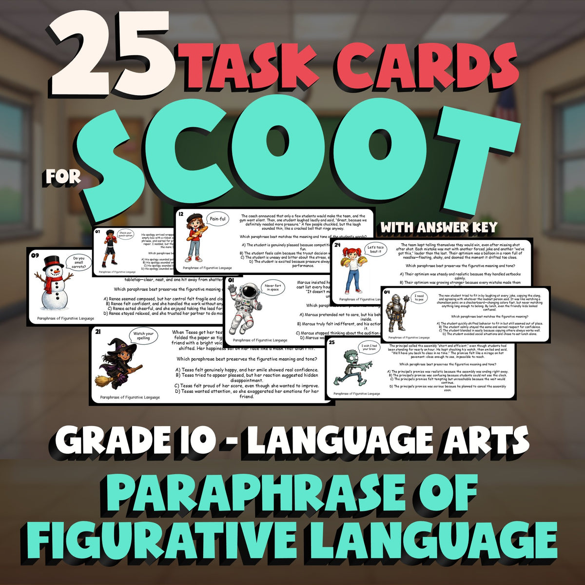 Paraphrase of Figurative Language SCOOT TASK CARDS ELA Game - No Prep Grade 10