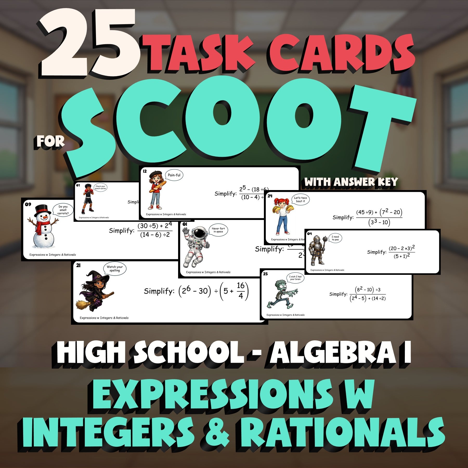 Expressions w Integers & Rationals SCOOT TASK CARDS Math Game - Algebra 1