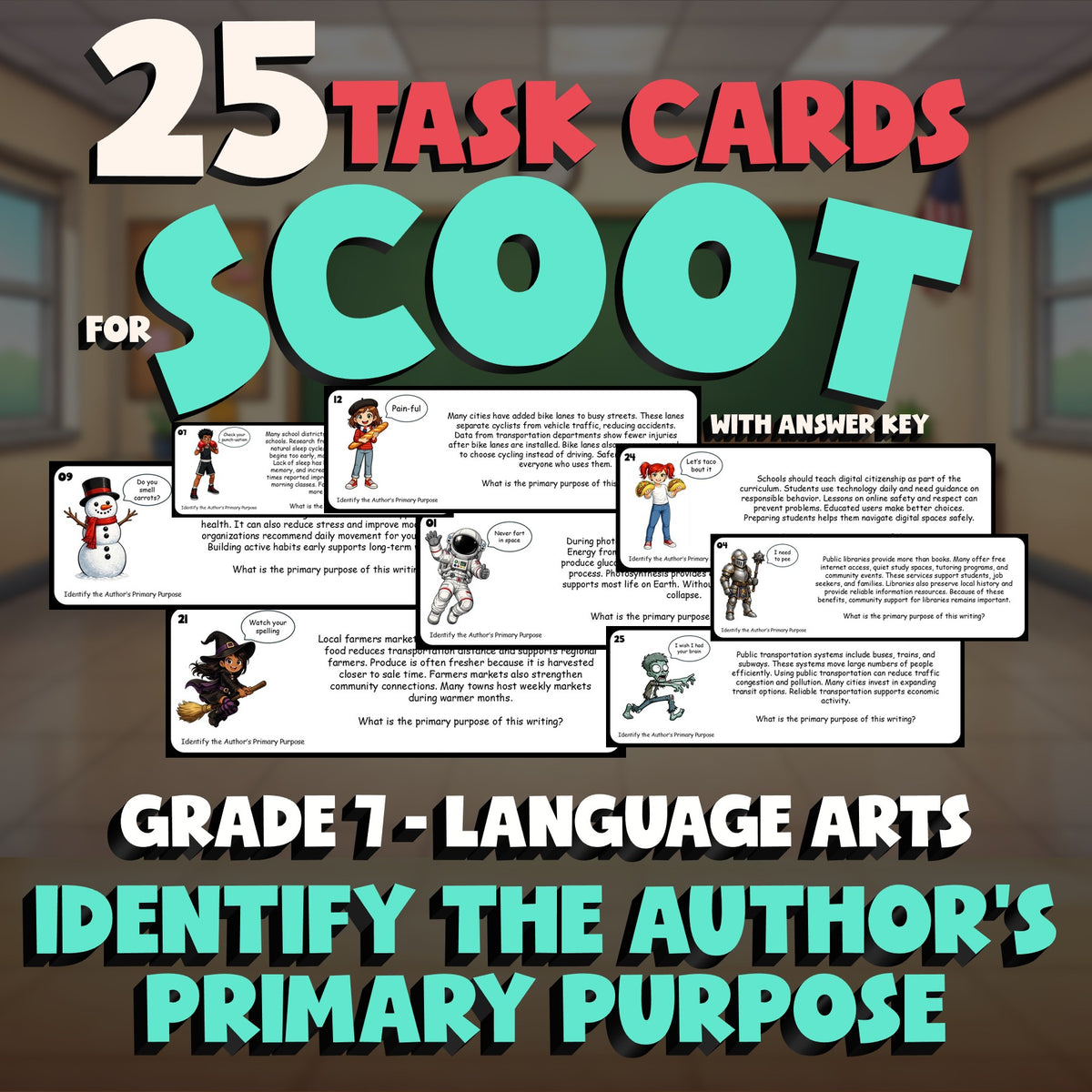 Identify the Author’s Primary Purpose SCOOT TASK CARDS ELA Game - Grade 7